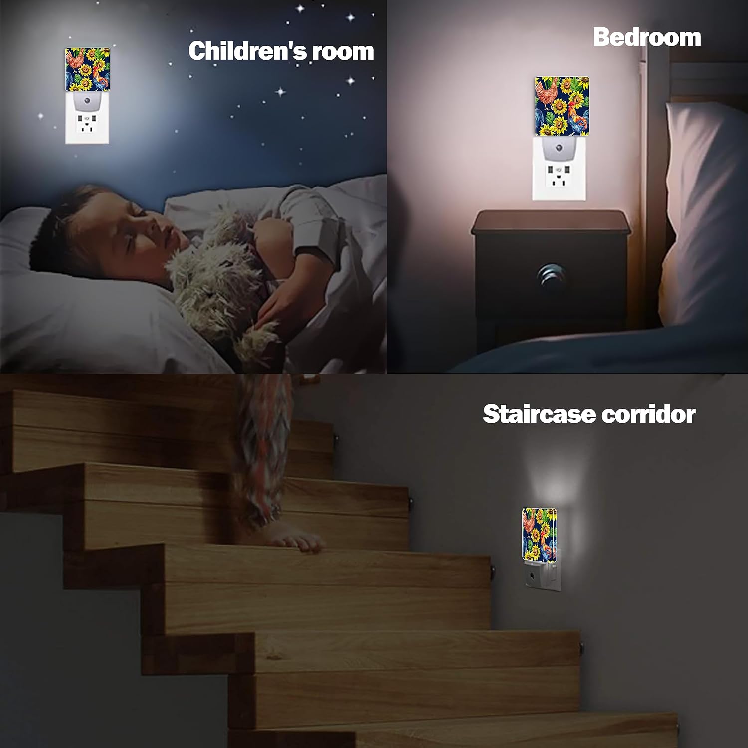 Retro Hen Rooster Night Light, Sunflowers Plug into Wall with Dusk to Dawn Light Sensors, Warm Nightlights for Bedroom, Bathroom…