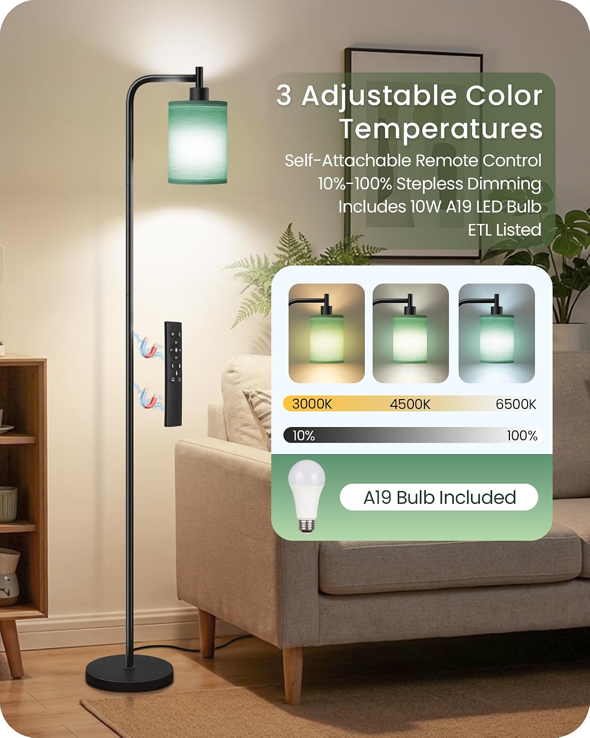 Dimmable Floor Lamp for Living Room with Remote and Foot Switch, Modern Standing, Corner Lamp,10W Bulb 3 Color Temperatures, for Bedroom…