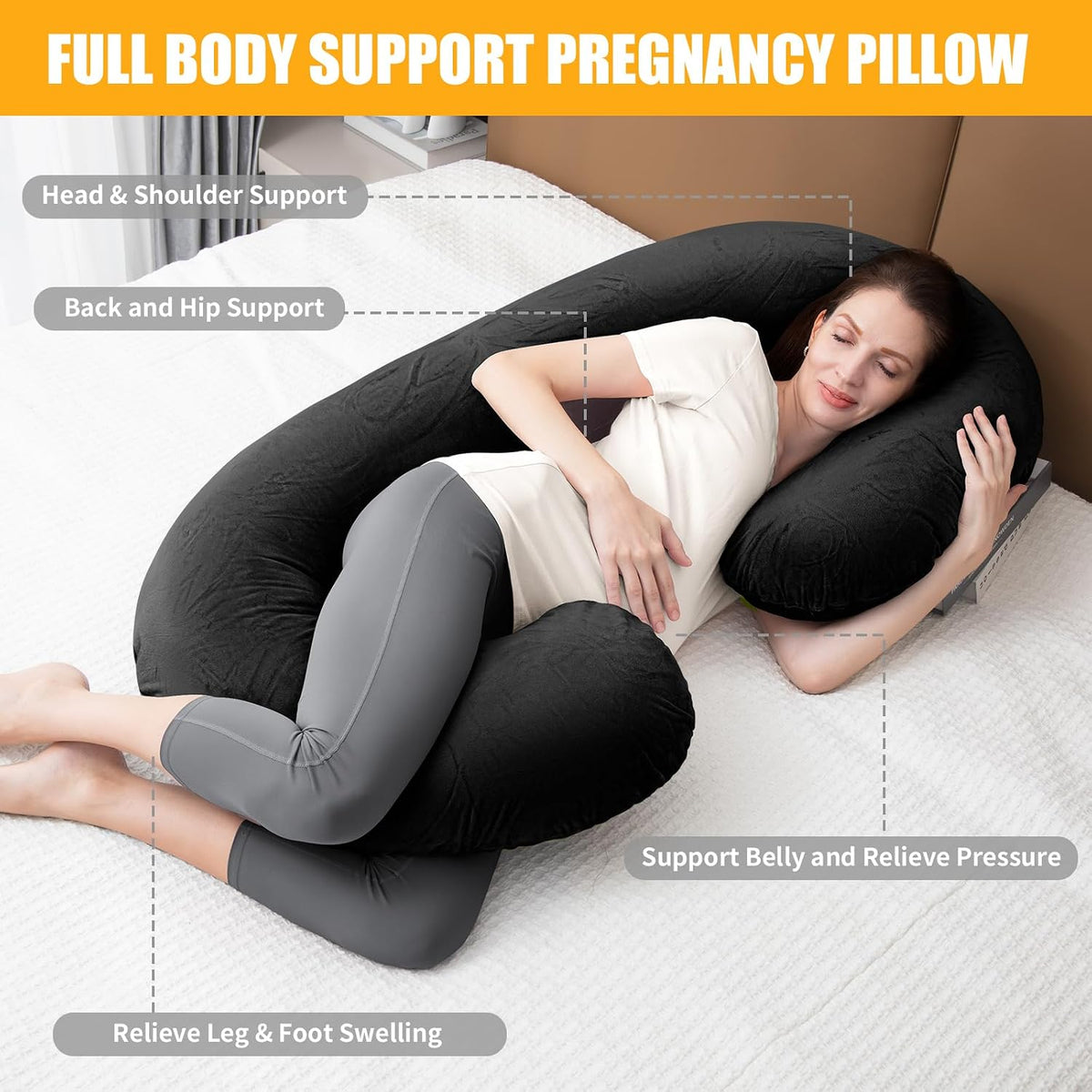 1 MIDDLE ONE Pregnancy Pillow, C Shaped Full Body Pregnant Women Sleeping Pillow for Maternity Support with Cover (Black)