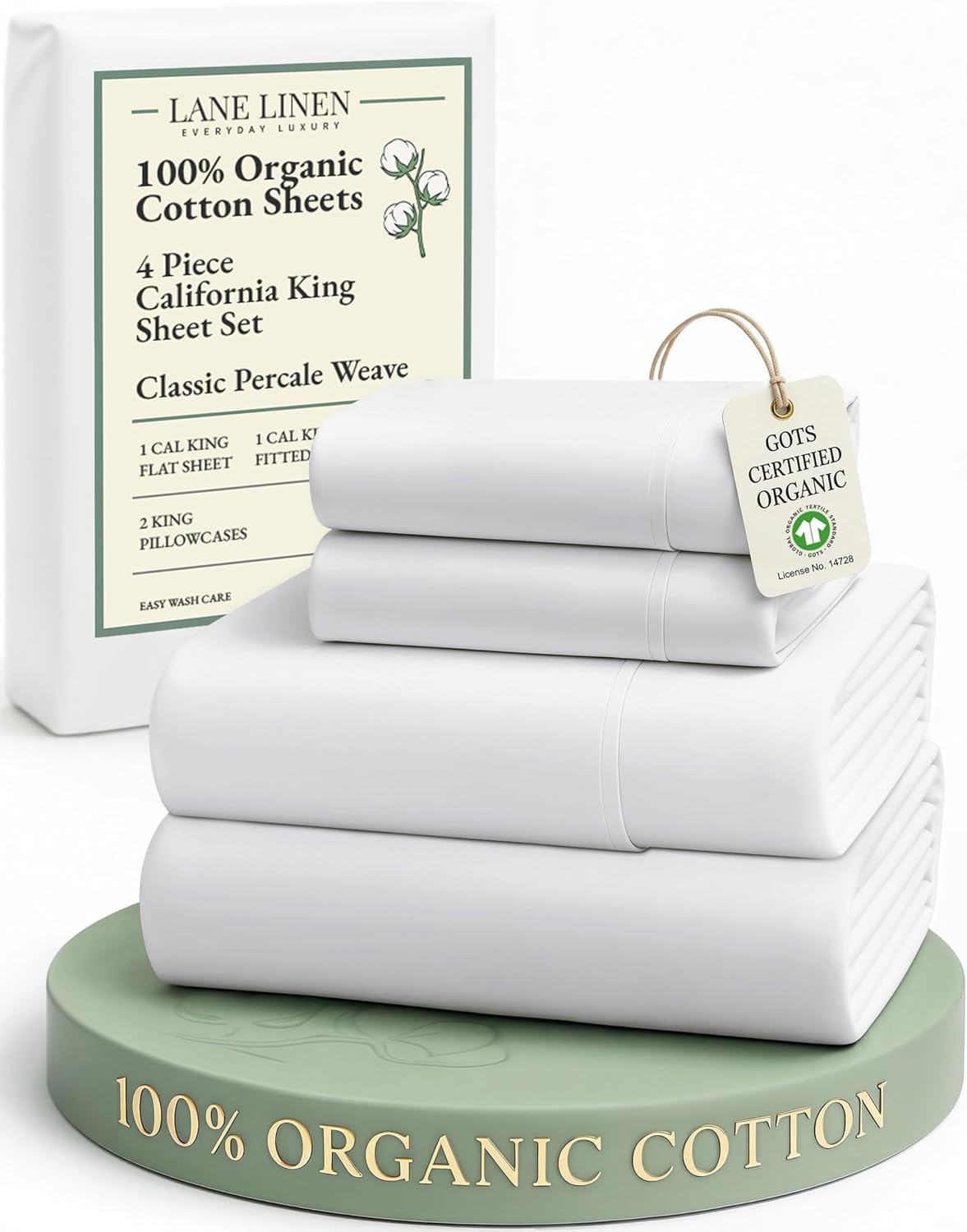 LaneLinen LANE LINEN 100% Organic Cotton California King Sheets Set, 4-Piece Pure Long Staple Percale Weave Ultra Soft Bedding Sheets for B…