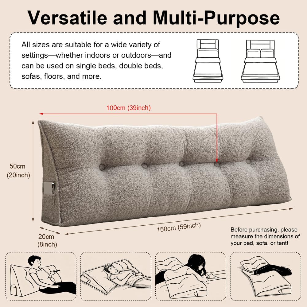ERWUDEling Headboard Pillow Queen with Neck Roll Pillow & Two Large Side Pockets, Removable Washable Cover, Triangle Bed Wedge Pillow for…