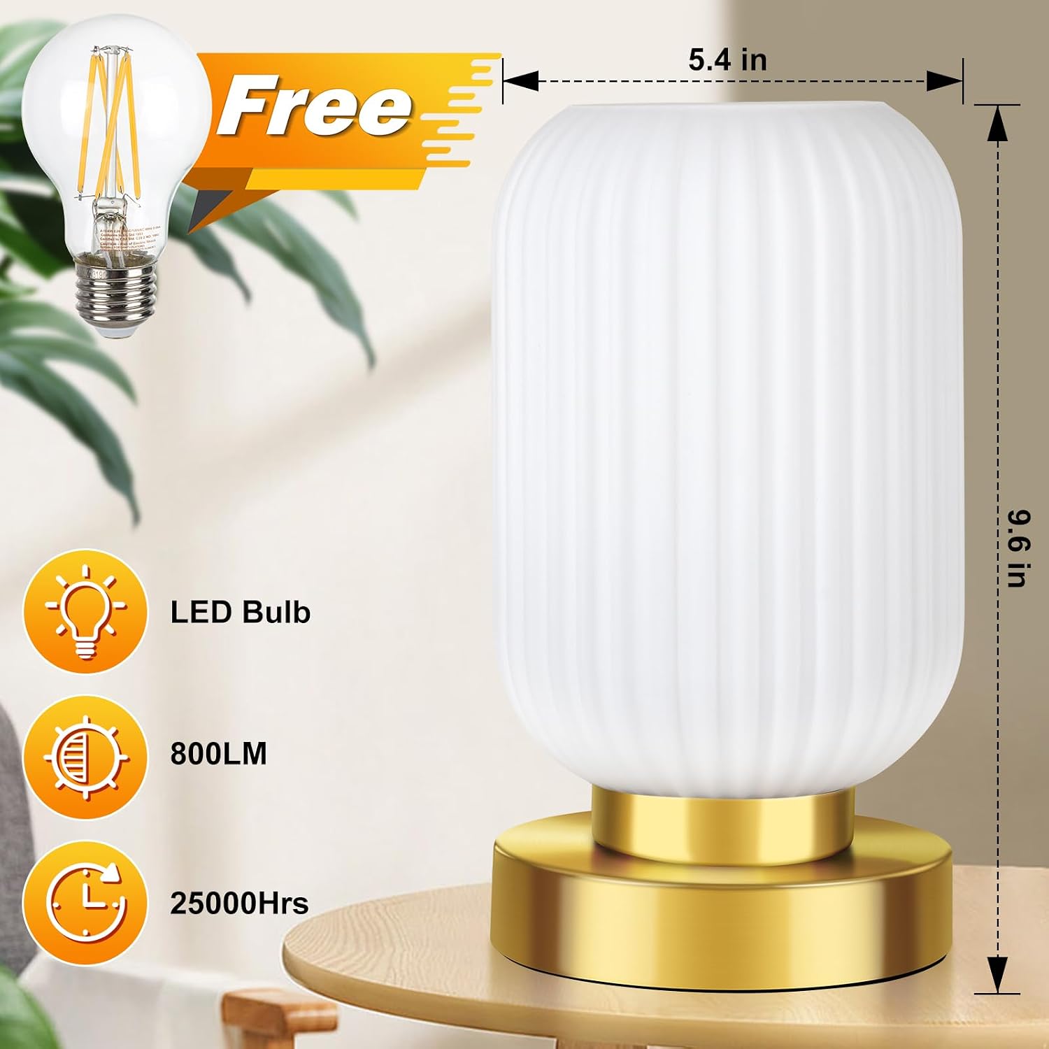 Mid Century Modern Table Lamp with Milk White Ribbed Glass Shade, Touch Control & 3 Way Dimmable, Small Gold, Vintage Bedside Lamp for…