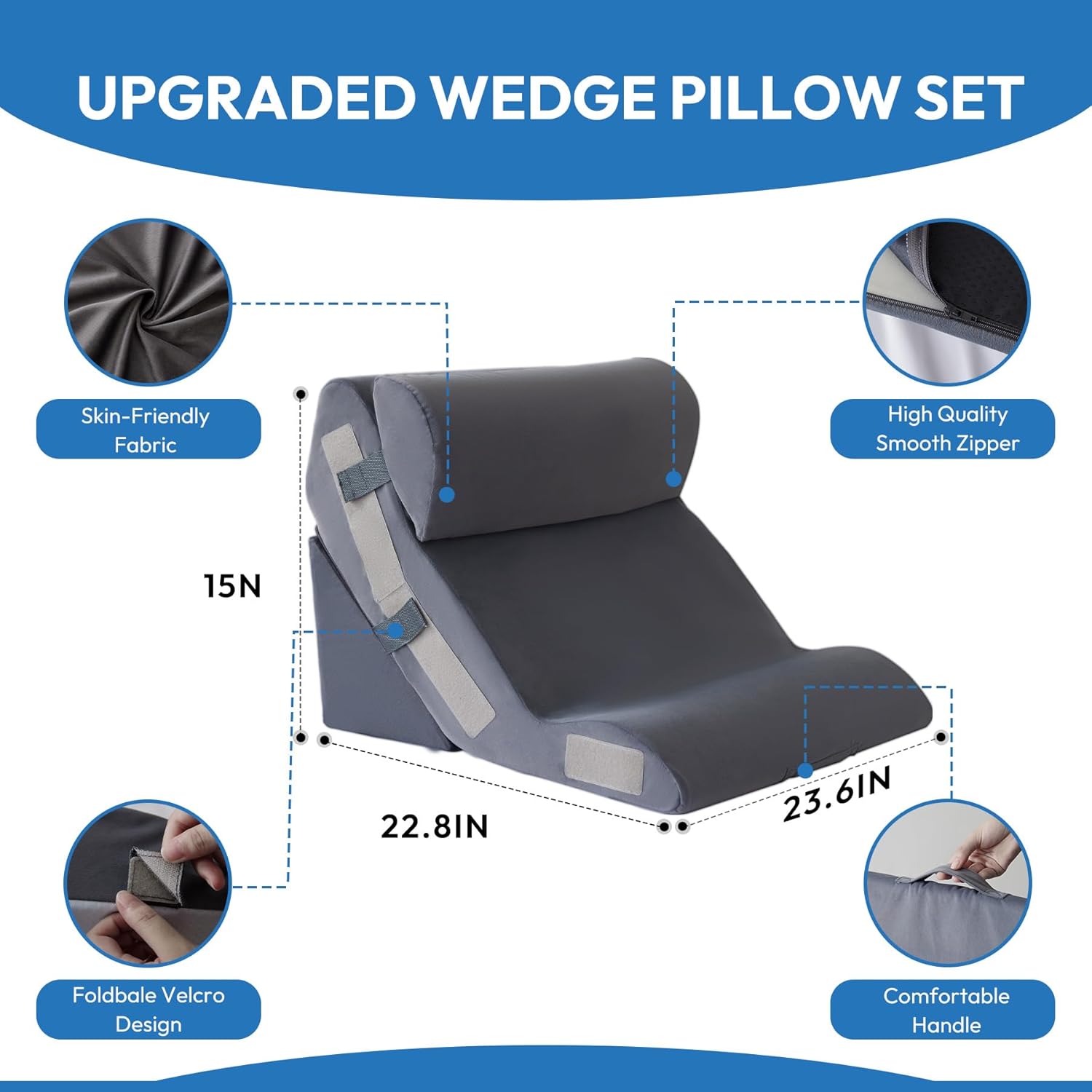 Ahpmeoa 3PCS Wedge Pillow Set for After Surgery, Back Pillow for Bed Sitting up, 10-in-1 Foam Wedge Pillow for Acid Reflux & Back, Post Su…