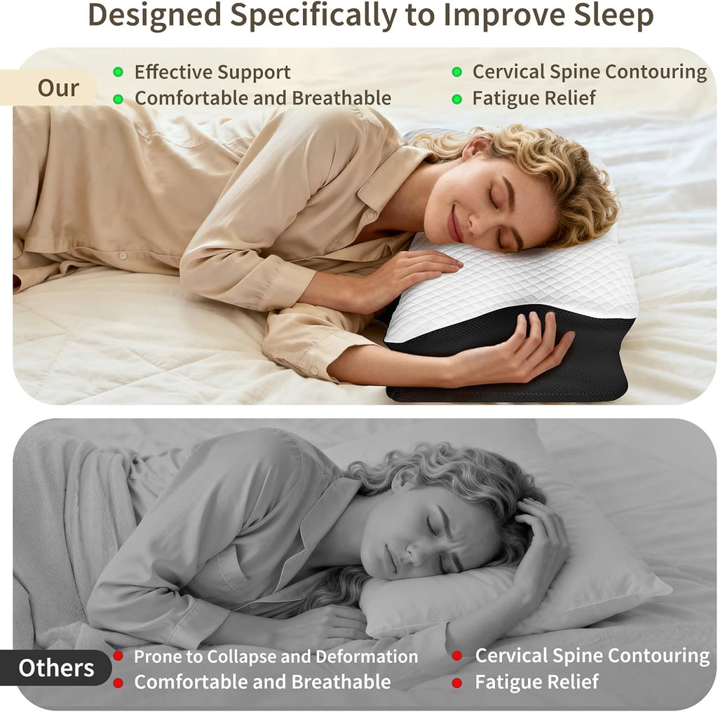 Roowana Cervical Neck Pillow for Neck Pain, Memory Foam Orthopedic Pillow with Contoured Design, Neck Support Pillows for Side, Back and St…