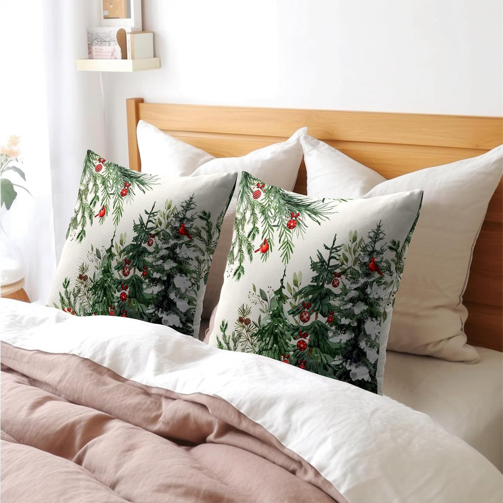 Granbey Green Christmas Tree Throw Pillow Covers 20x20 Inch Set of 2 Winter Pine Trees Red Berry Bells Birds Decorative Pillowcase Xmas Hol…