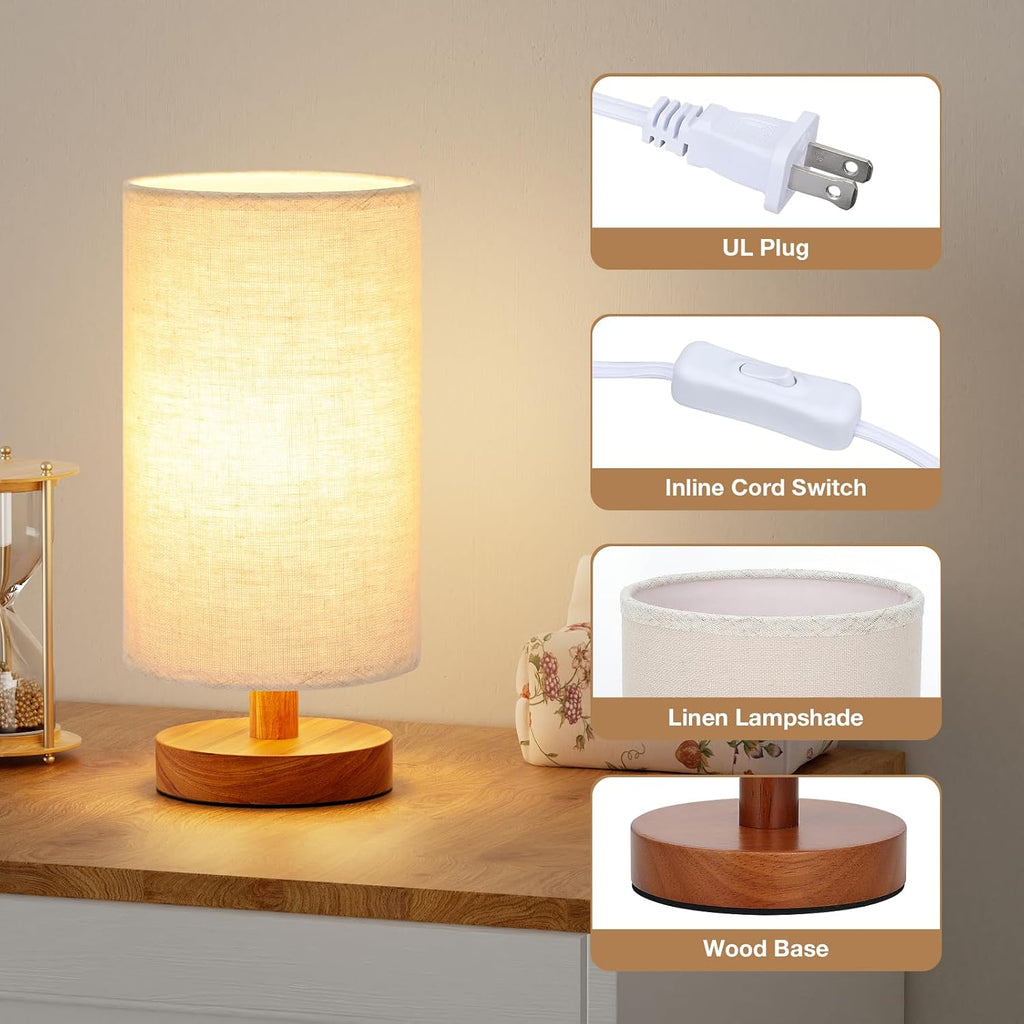 Fenmzee Small Table Lamp for Bedroom - Inline Control, Bedside Lamp with 3000K A15 LED Blub, Easy Assembly (Beige Shade - Walnut Base, 9"…