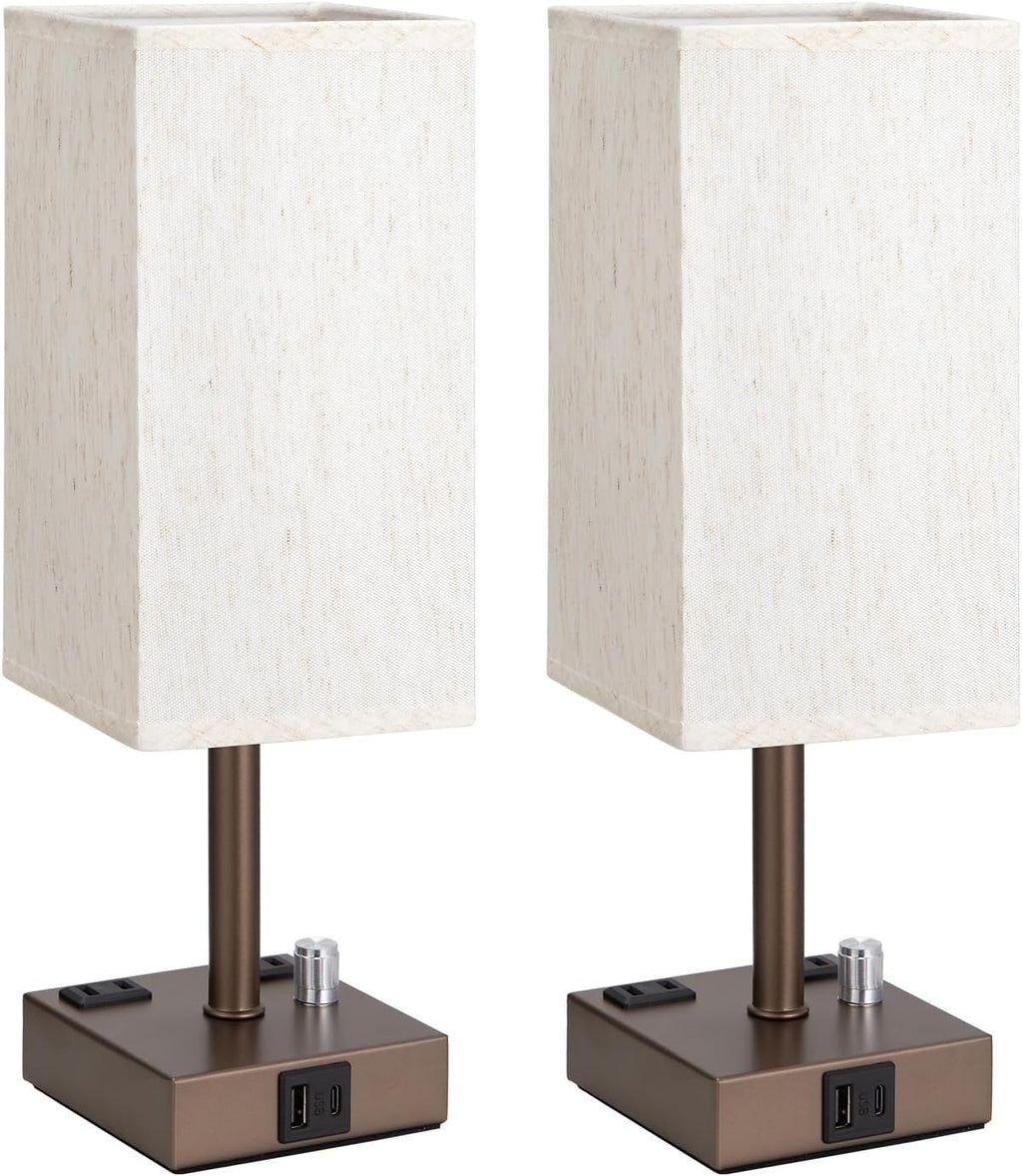 aooshine Brown Fully Dimmable Nightstand Lamps Set of 2 - Table Bedside Lamp with USB C+A Charging Ports & 2 AC Outlets, Square Lamp Sets…