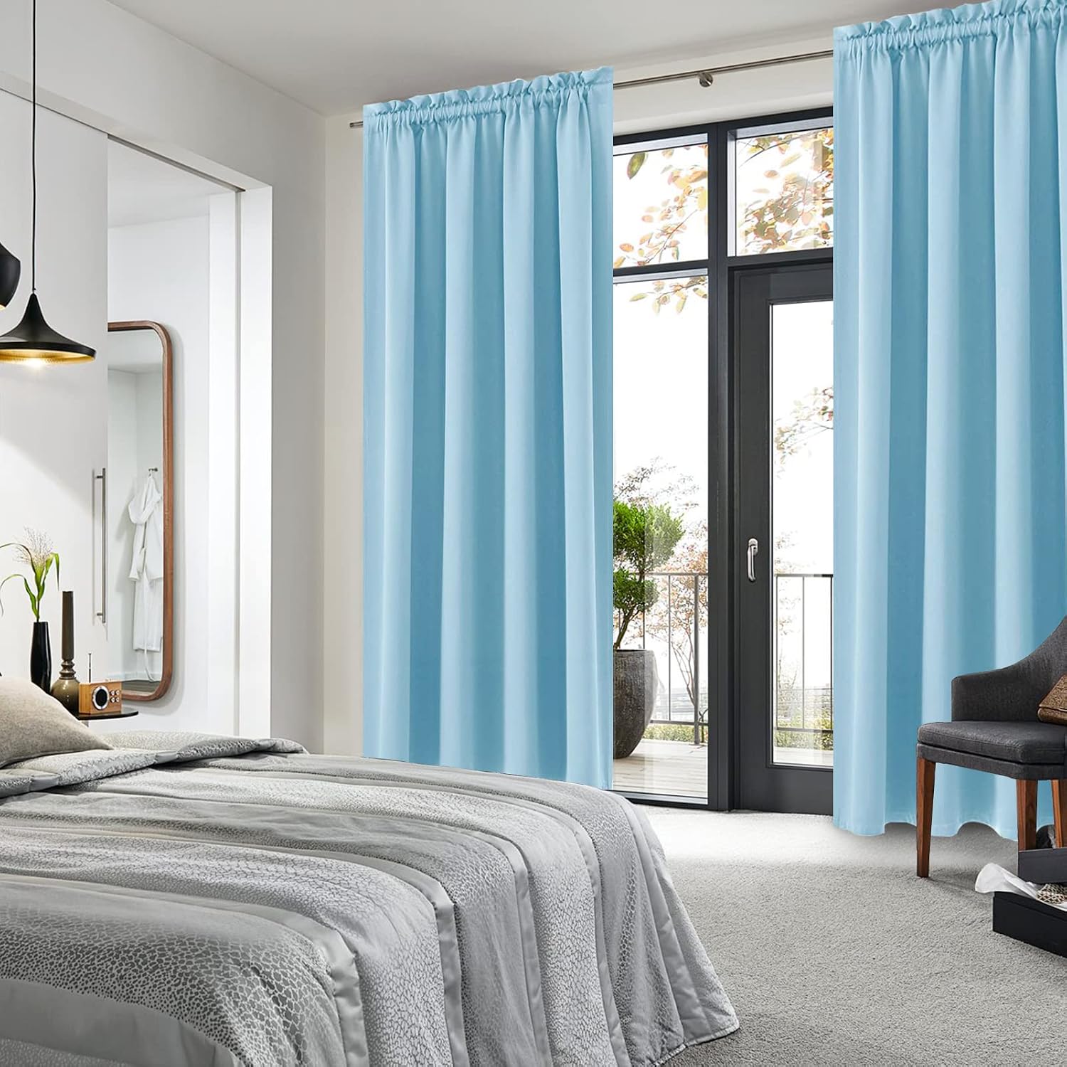 Dwcn Blackout Curtains Room Darkening Thermal Insulated Bedroom Curtains Window Curtain Panels, 52 x 84 inches Long, Set of 2 Light Blue Ro…