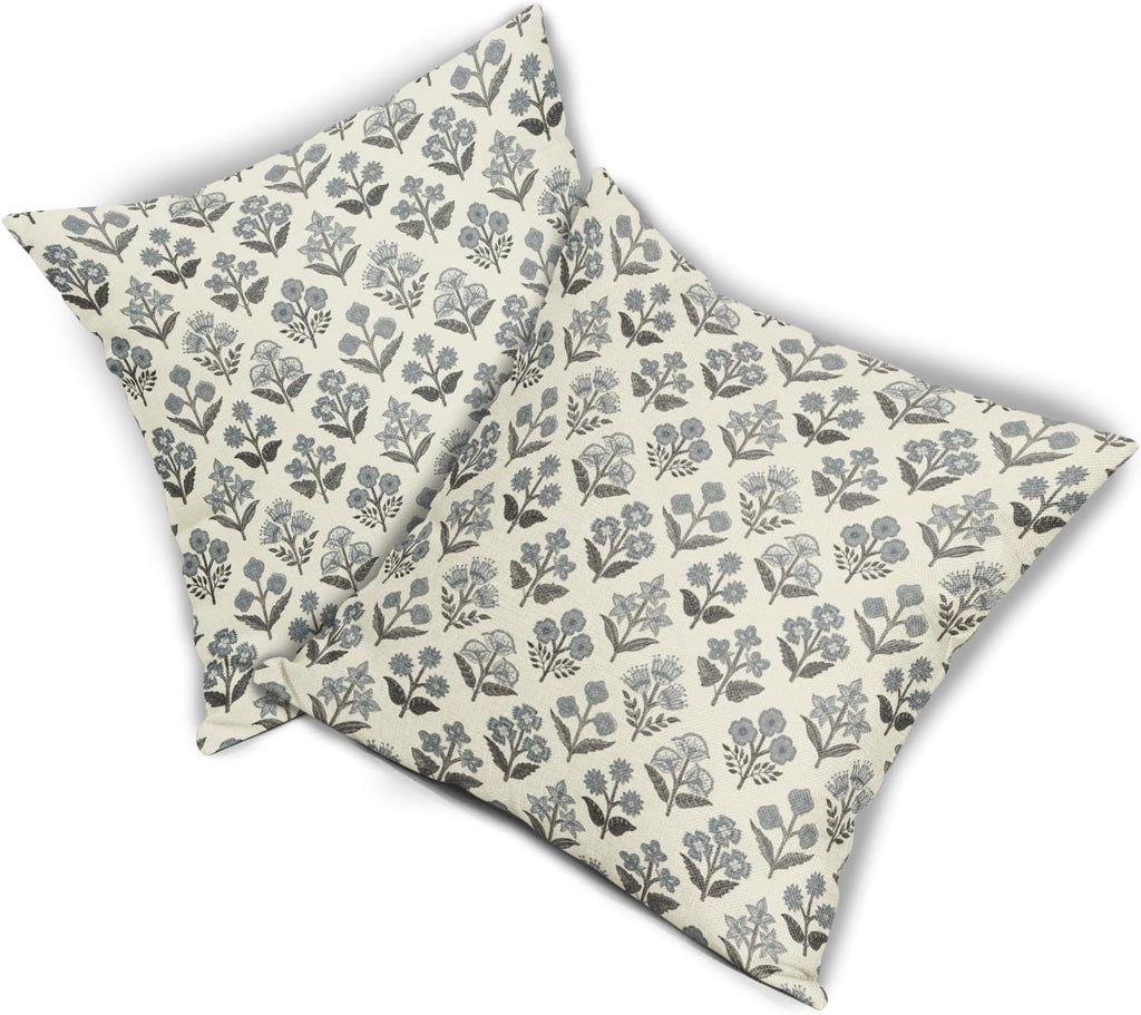 Black Dusty Blue Floral Pillow Covers 18x18 Inch Set of 2, Vintage Flower Block Print Pattern Decorative Throw Pillowcases Outdoor…
