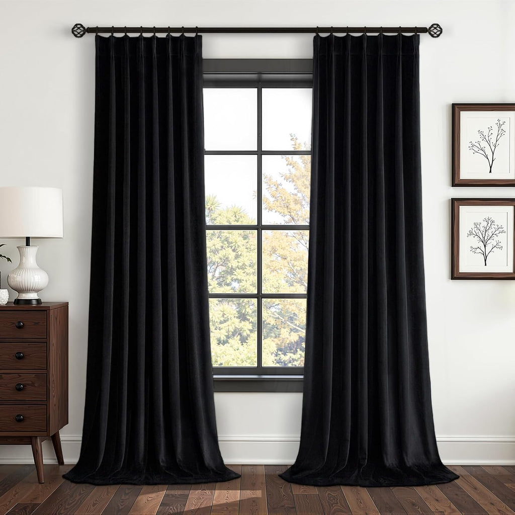Drapenova 120 Inch Long Black Velvet Room Darkening Curtains 2 Panels Soft Elegant Luxury Velvet Pinch Pleated Drapes with Hooks for…
