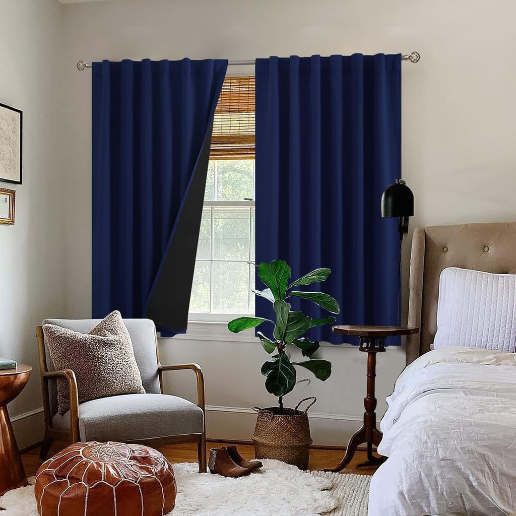 BGment Navy Blue 100% Blackout Curtains 54 Inches Long with Black Liner, Rod Pocket and Back Tab Double Layer Full Room Darkening Thermal…