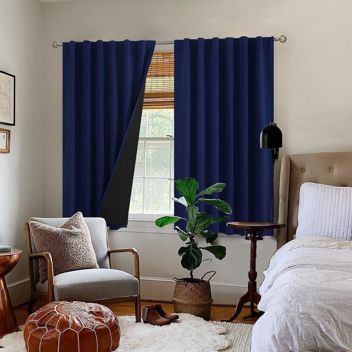 BGment Navy Blue 100% Blackout Curtains 54 Inches Long with Black Liner, Rod Pocket and Back Tab Double Layer Full Room Darkening Thermal…