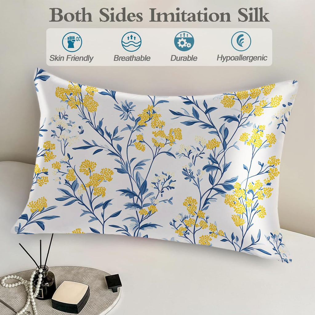 Imitation Silk Pillowcase for Hair and Skin Blue Leaves Bright Yellow Flowers 1 Pack Satin Queen Pillowcase with Hidden Zipper Cooling…