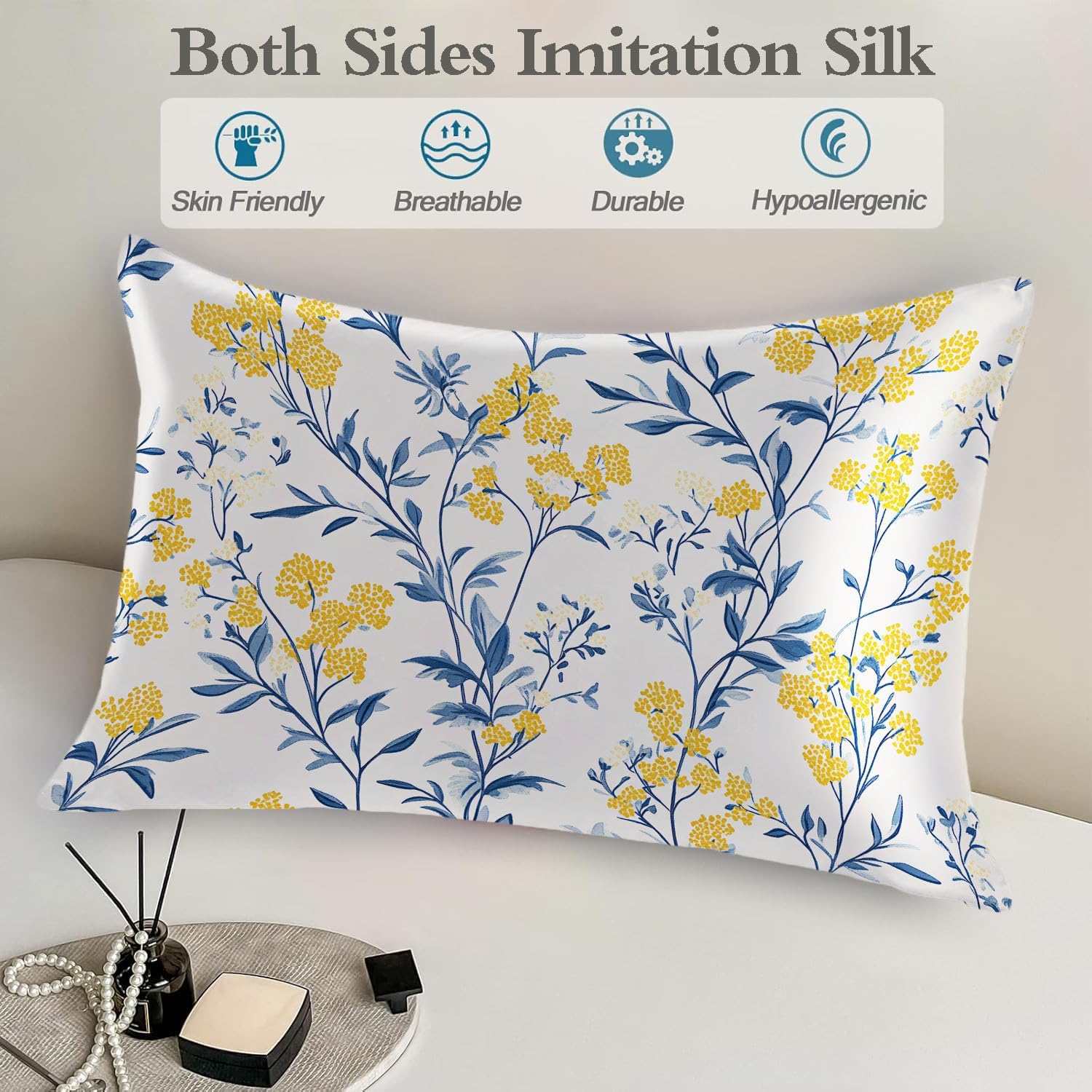 Imitation Silk Pillowcase for Hair and Skin Blue Leaves Bright Yellow Flowers 1 Pack Satin Queen Pillowcase with Hidden Zipper Cooling…