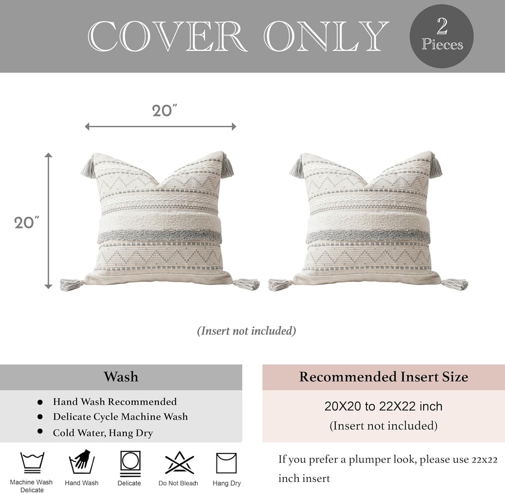 BlissBlush Gray Decorative Throw Pillow Covers 20x20 Combo Set of 2 Square Boho Neutral Grey Accent Pillowcase Tassels Farmhouse Cushion…