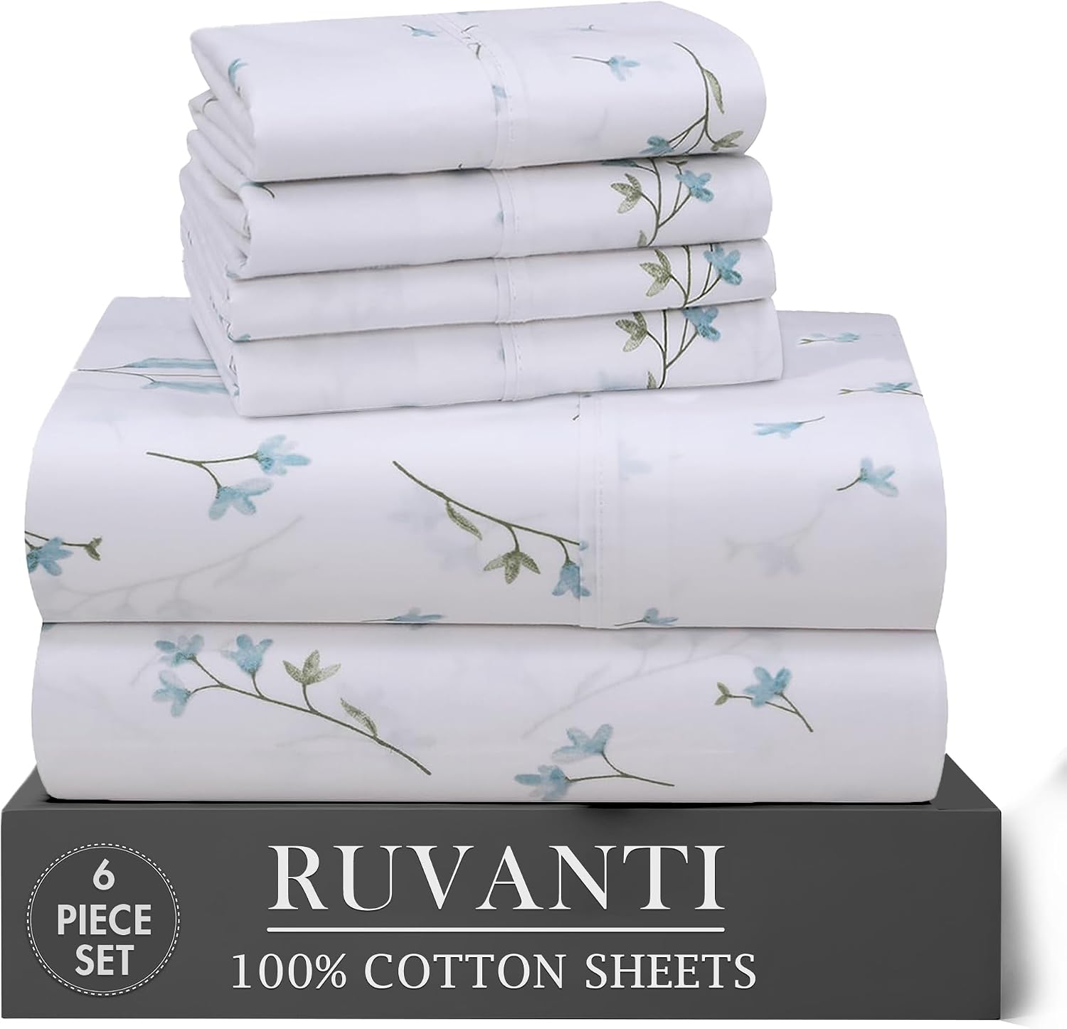 Ruvanti 100% Cotton Percale Sheets Queen Size 6 Piece Set, Cooling Bed Sheets for Hot Sleepers, Deep Pocket 16”, Breathable Lightweight & D…