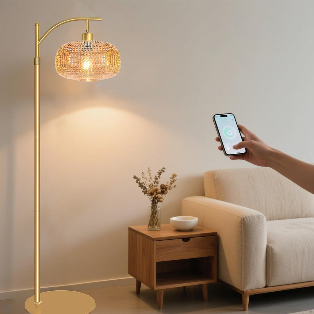 Glass Floor Lamp for Living Room with Amber Glass Lampshade, Dimmable Modern Standing Lamp with 12W LED Bulb, Remote Control Tall Lamp…