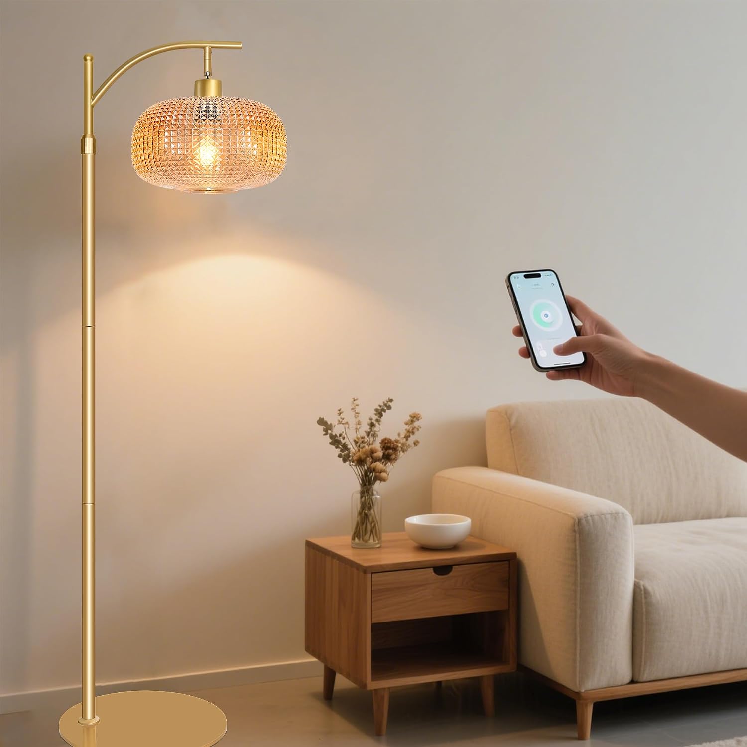 Glass Floor Lamp for Living Room with Amber Glass Lampshade, Dimmable Modern Standing Lamp with 12W LED Bulb, Remote Control Tall Lamp…