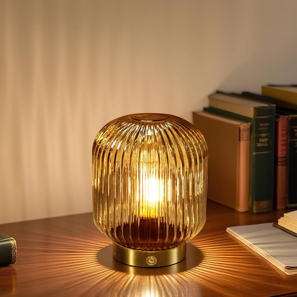 MJ PREMIER Rechargeable Table Lamp, Yellow Glass Lamp with Memory Function, Small Cordless LED Lamp with Dimmable Brightness, Decorative…