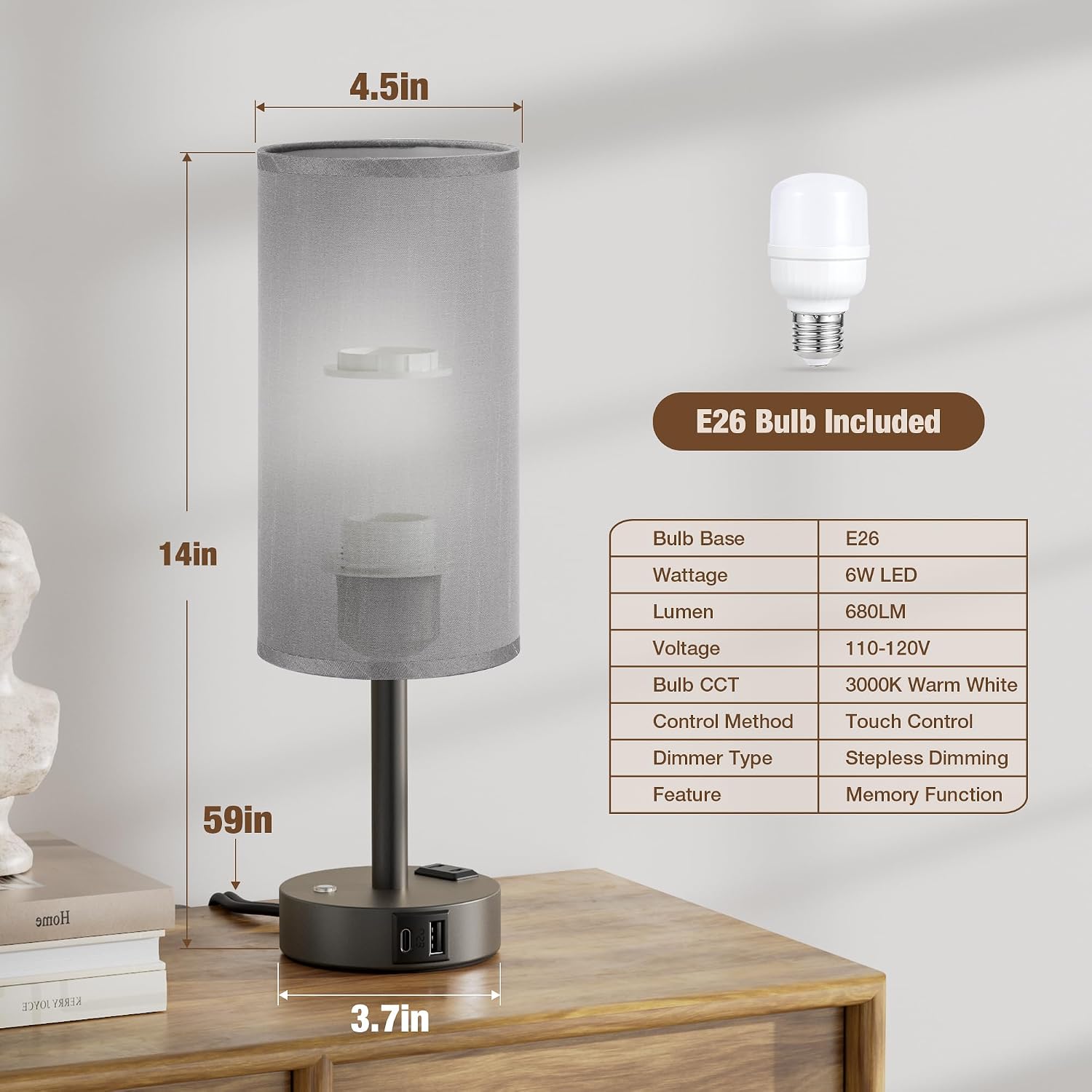 Aooshine Touch Bedside Table Lamp with Memory - Stepless Dimmable Lamp for Bedroom, Small Nightstand Lamp with Dual USB Charging Ports and…