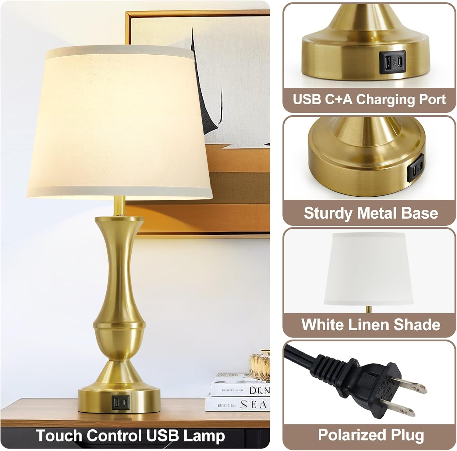 Luvkczc 22" Gold Table Lamps Set of 2 - Modern Luxury Bedside Lamps with White Fabric Shade, Dimmable & Dual USB C+A Ports, Nightstand…