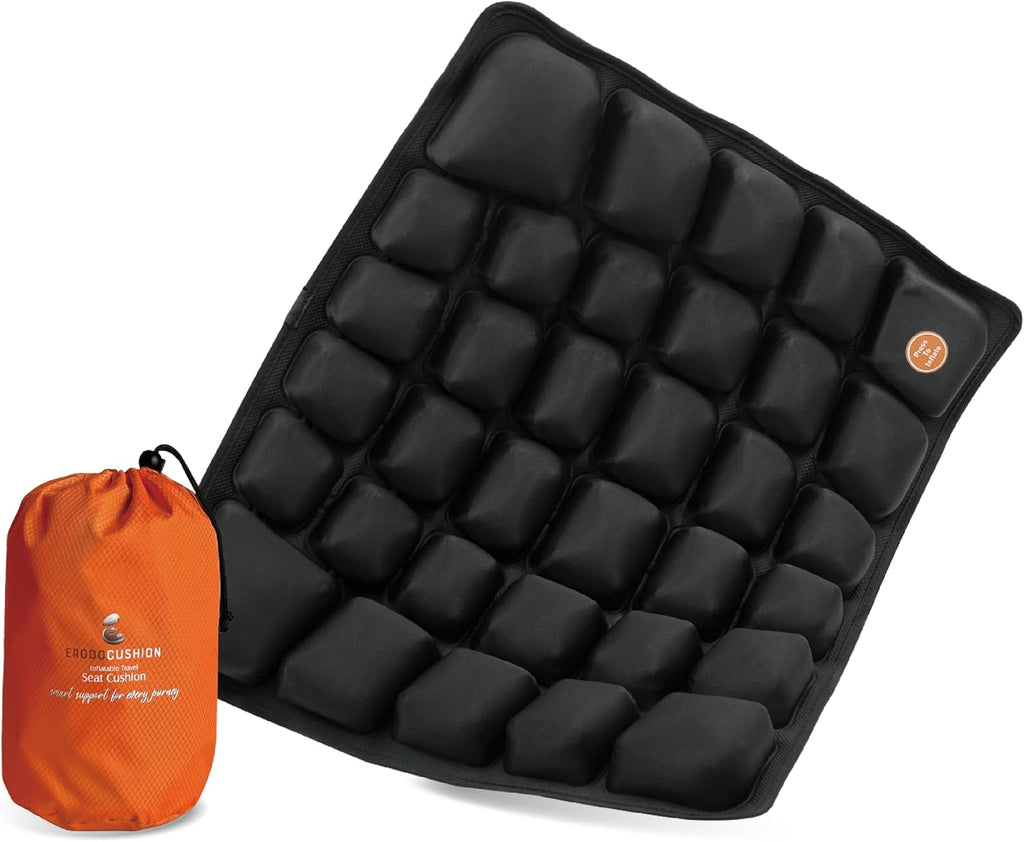 Inflatable Travel Seat Cushion with Built‐in Manual Pump, Adjustable Firmness & Compact Storage –Firm Support for Airplane, Car & Office…