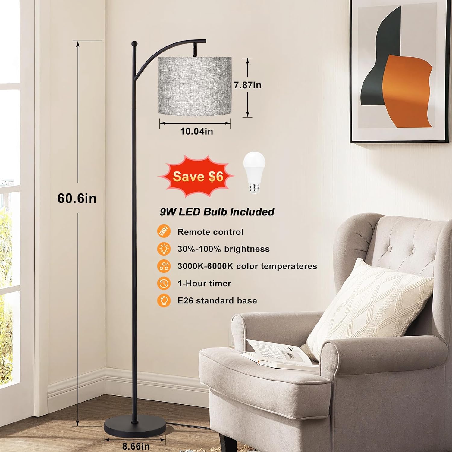 Ambimall 60" Floor Lamp with Remote Control and Stepless Dimmable Bulb, Colors Temperature & Brightness Adjustable, Modern Floor Lamps…