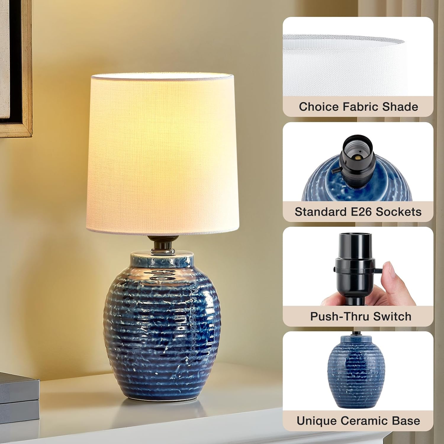 EJIAXIN Small Bedside Lamps -13.75" Farmhouse Table Lamps - Classic Ceramic Table Lamp for Bedroom, Living Room, Nightstand, Office, Side…
