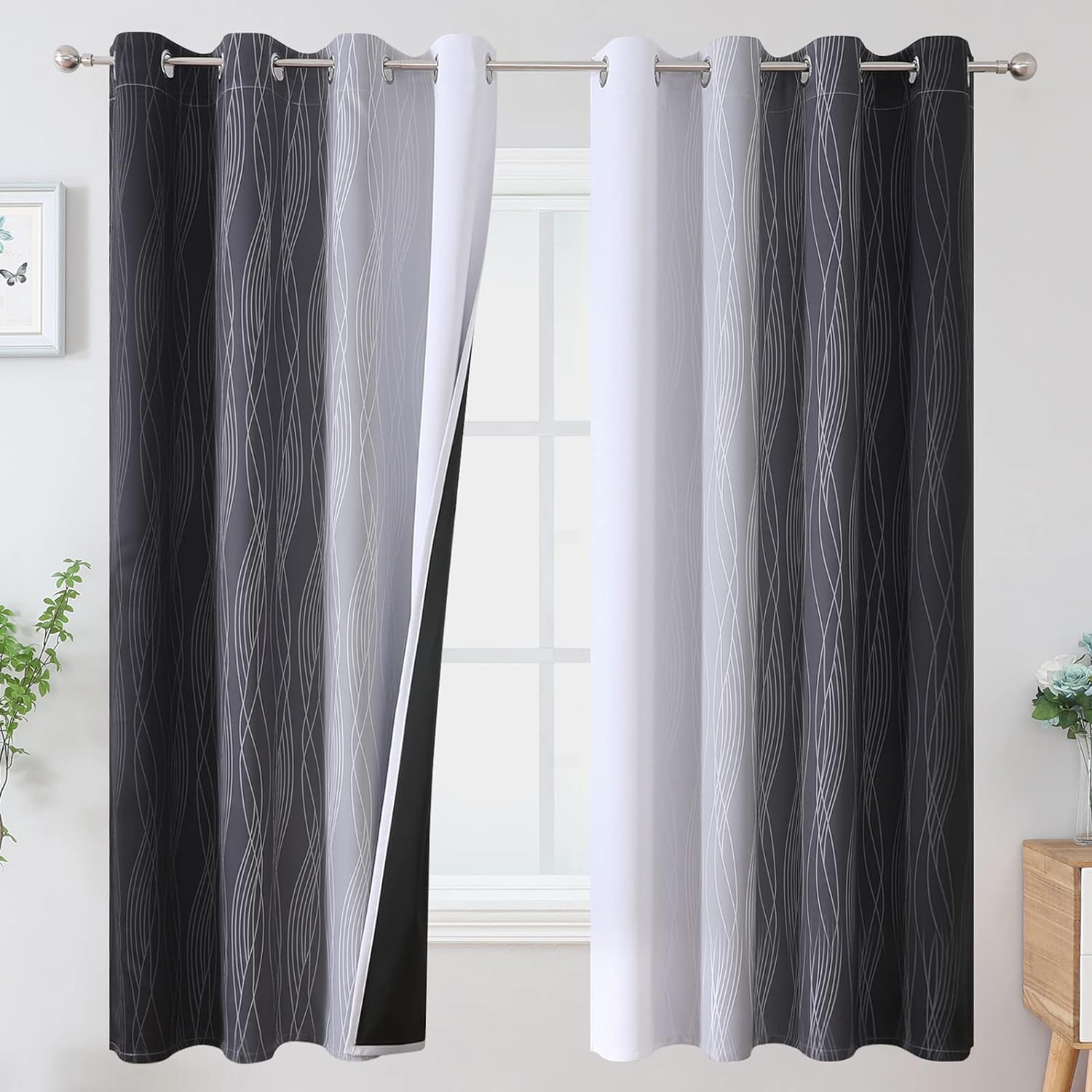 Estelartextiler Estelar Textiler Ombre Greyish White Black Blackout Curtains & Drapes 63 Inch Length 2 Panels for Bedroom, Thermal Insulate…