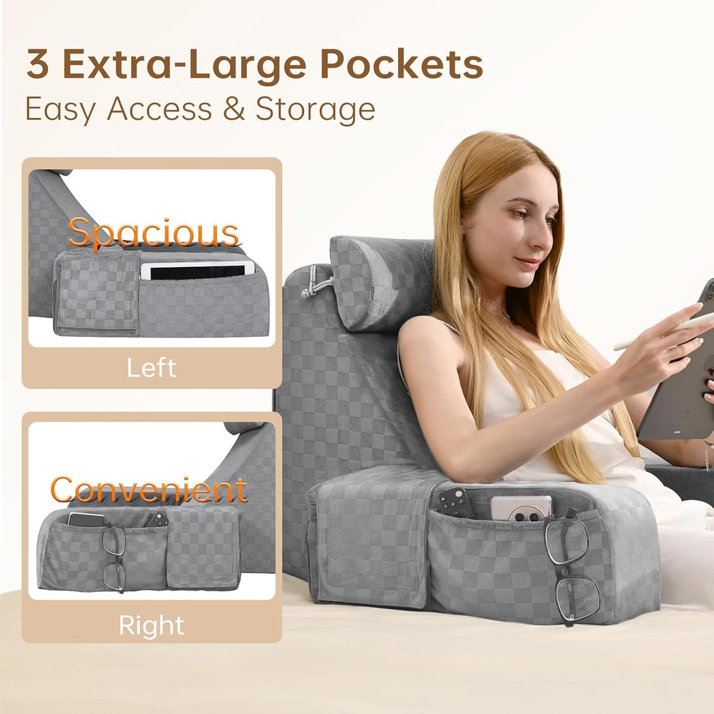 Vekkia Reading Pillow for Adults – Ergonomic 45° Wedge Back Support Chair for Sitting in Bed, XL Side Pockets, Perfect for Working…