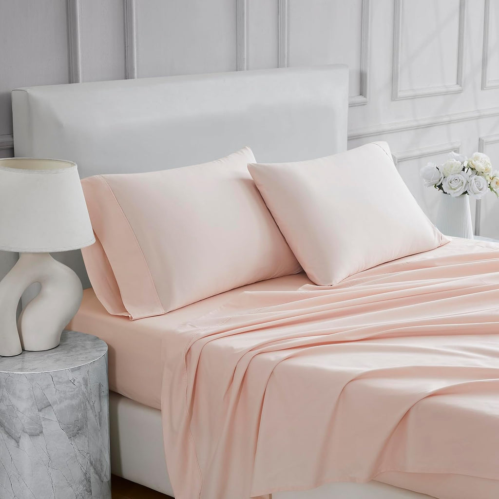 Linen Closet 4 Pcs 100% Cotton Full Size Sheets Set, Blush, 400 Thread Count, Percale Weave, Deep Pocket Fitted Sheet, Fits Up To 18"…