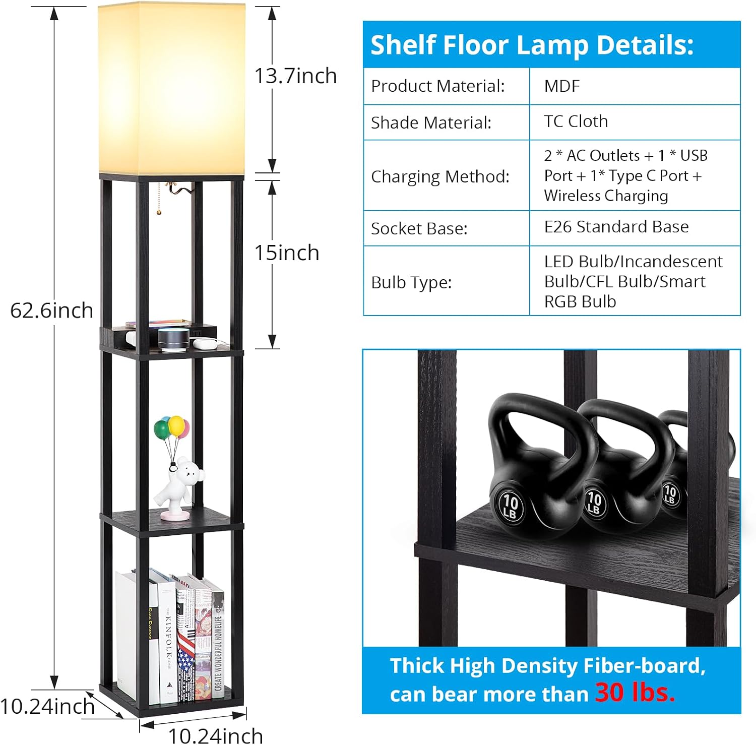 Mlambert Modern Shelf Floor Lamp with Wireless Charger & Fast Charging USB Ports & Type C Port & 2 Power Outlets,3 Tier Storage Lamp for…