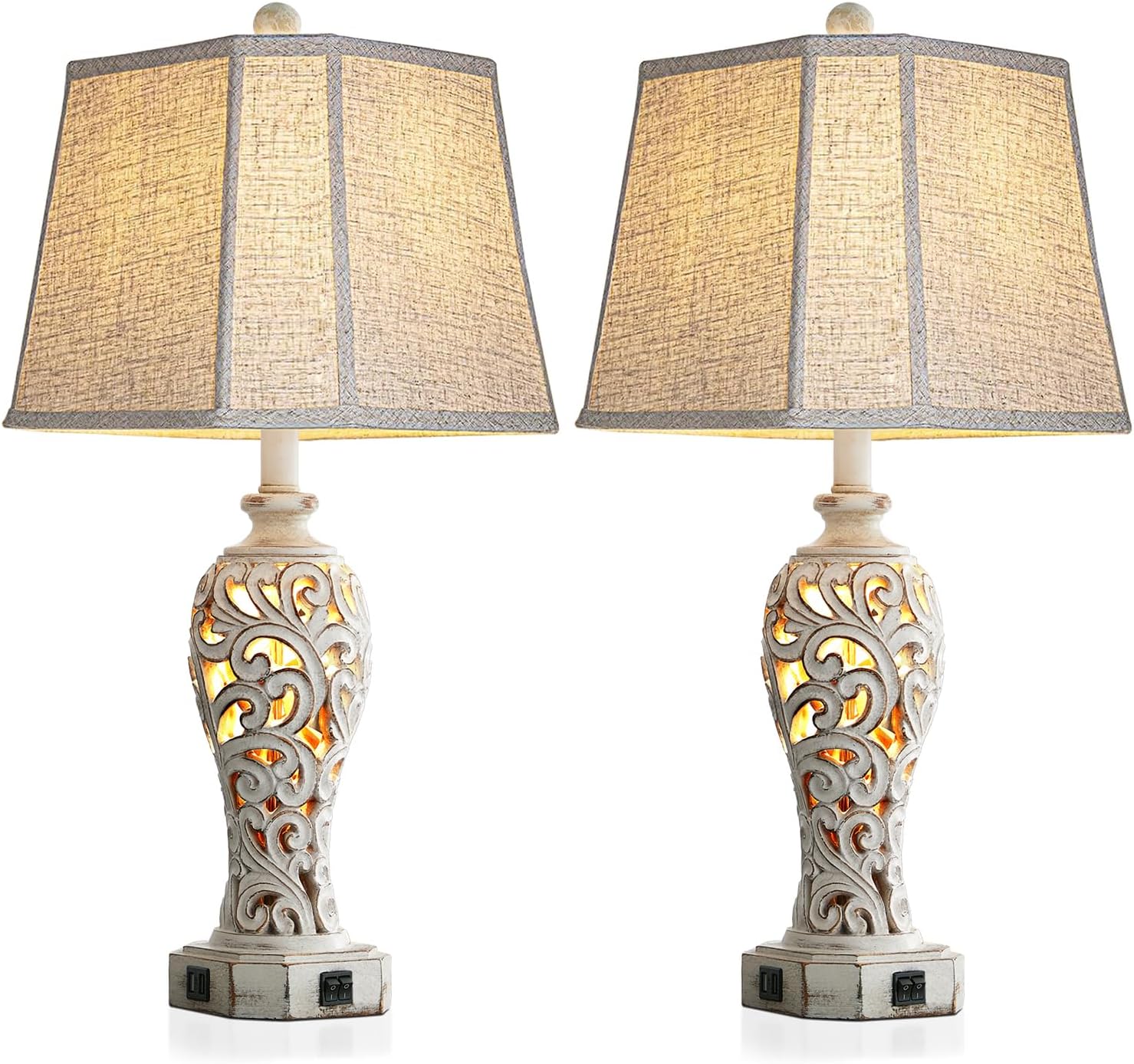 Set of 2 Rustic Table Lamps for Living Room Bedroom, Farmhouse Vintage Nightstand Lamp with 2 USB Ports, Hollow Out Resin Lamp for End…