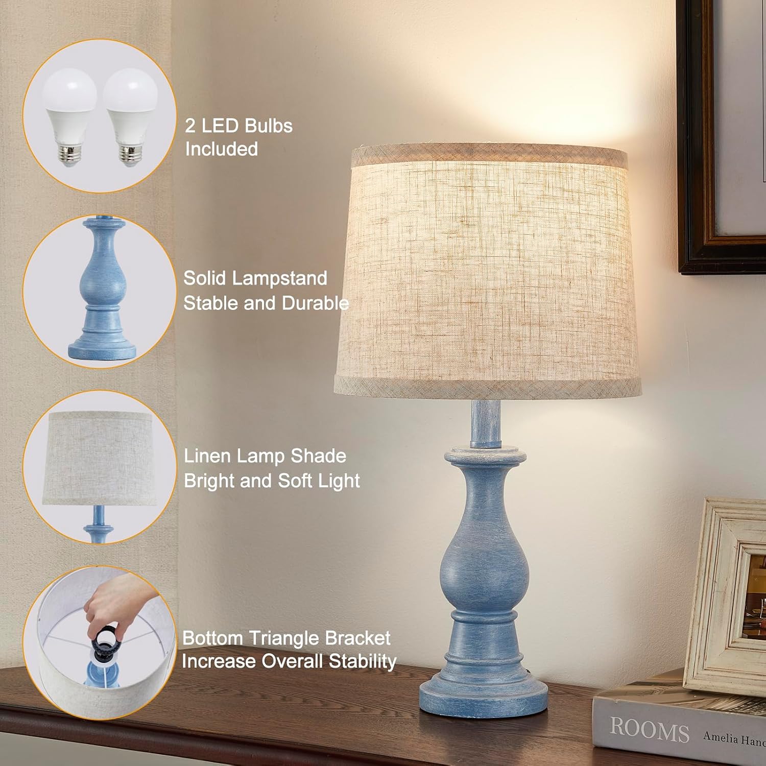 Vintage Table Lamp for Living Room Bedroom, 18.5" Farmhouse Bedside Lamps Nightstand Lamp Set of 2, Table Lamps with Oatmeal Linen Lamp…