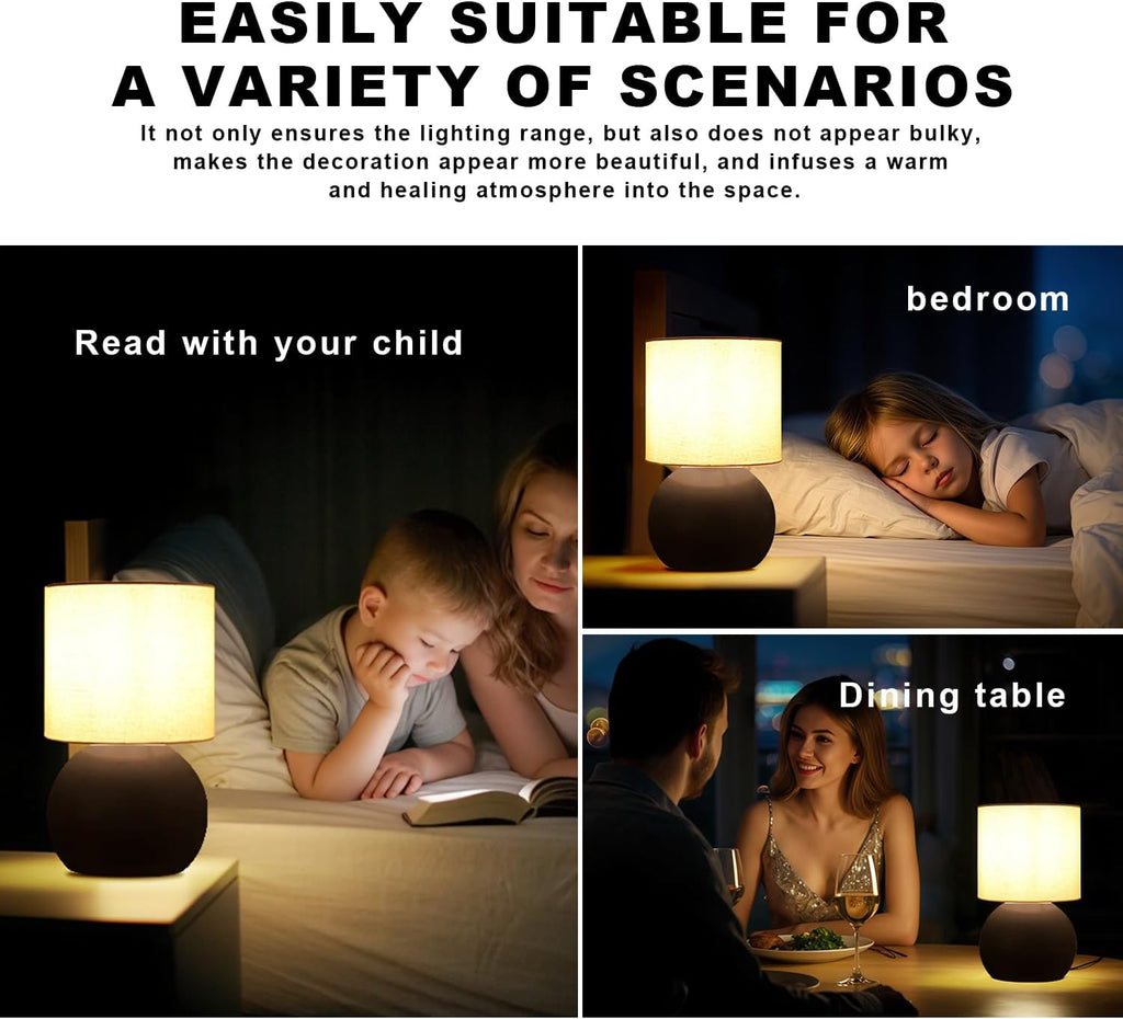 Modern Brown Small Table Lamp with Cotton Linen Shade, 6.3X6.3X10.4-inch LED Desk Light, One-Button Switch for Bedroom, Living Room…