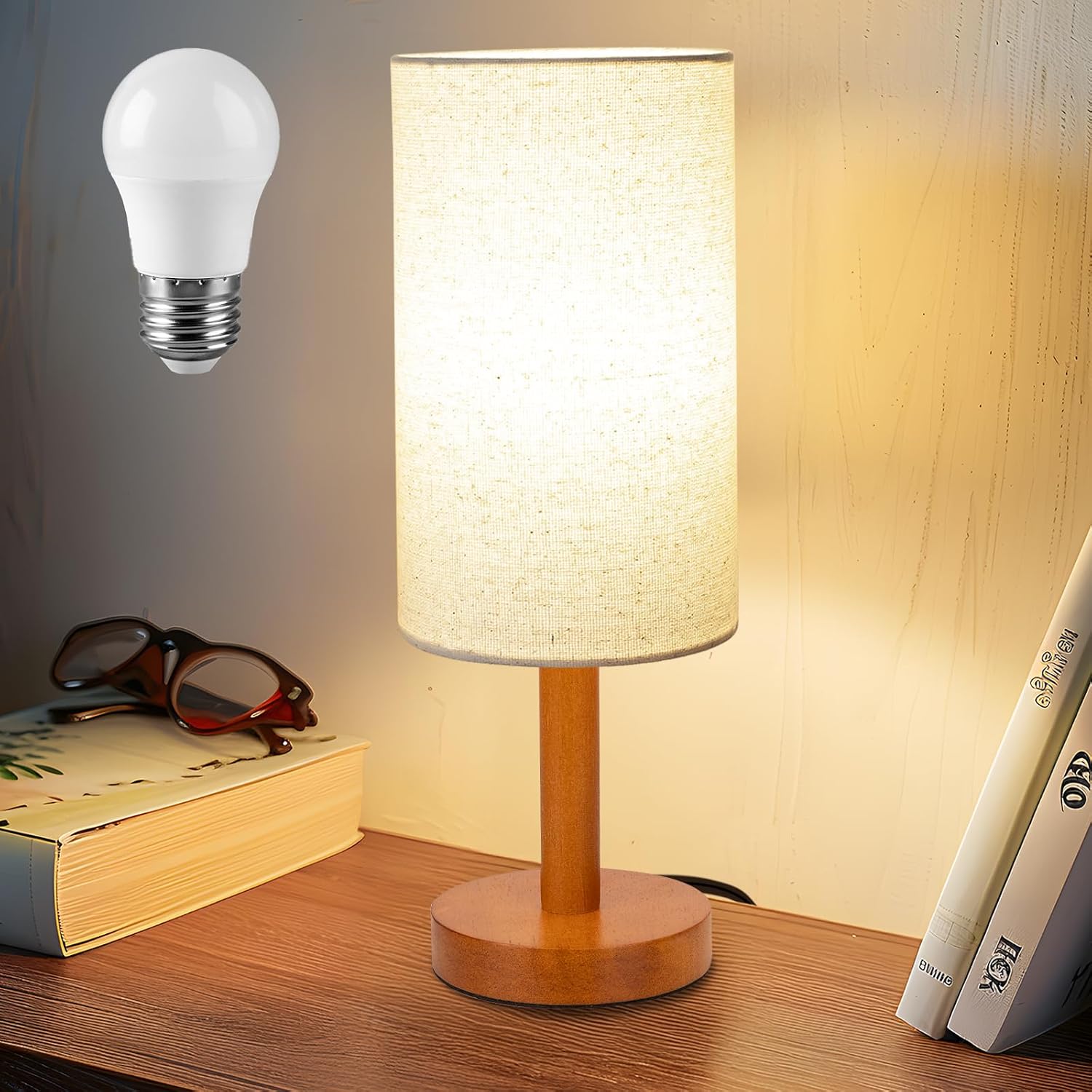 LALISU Small Table Lamp Nightstand Lamp Linen Lampshade Bedroom Wood Base Small Bedside Lamp for Night Stands, Desk Lamps for Reading…