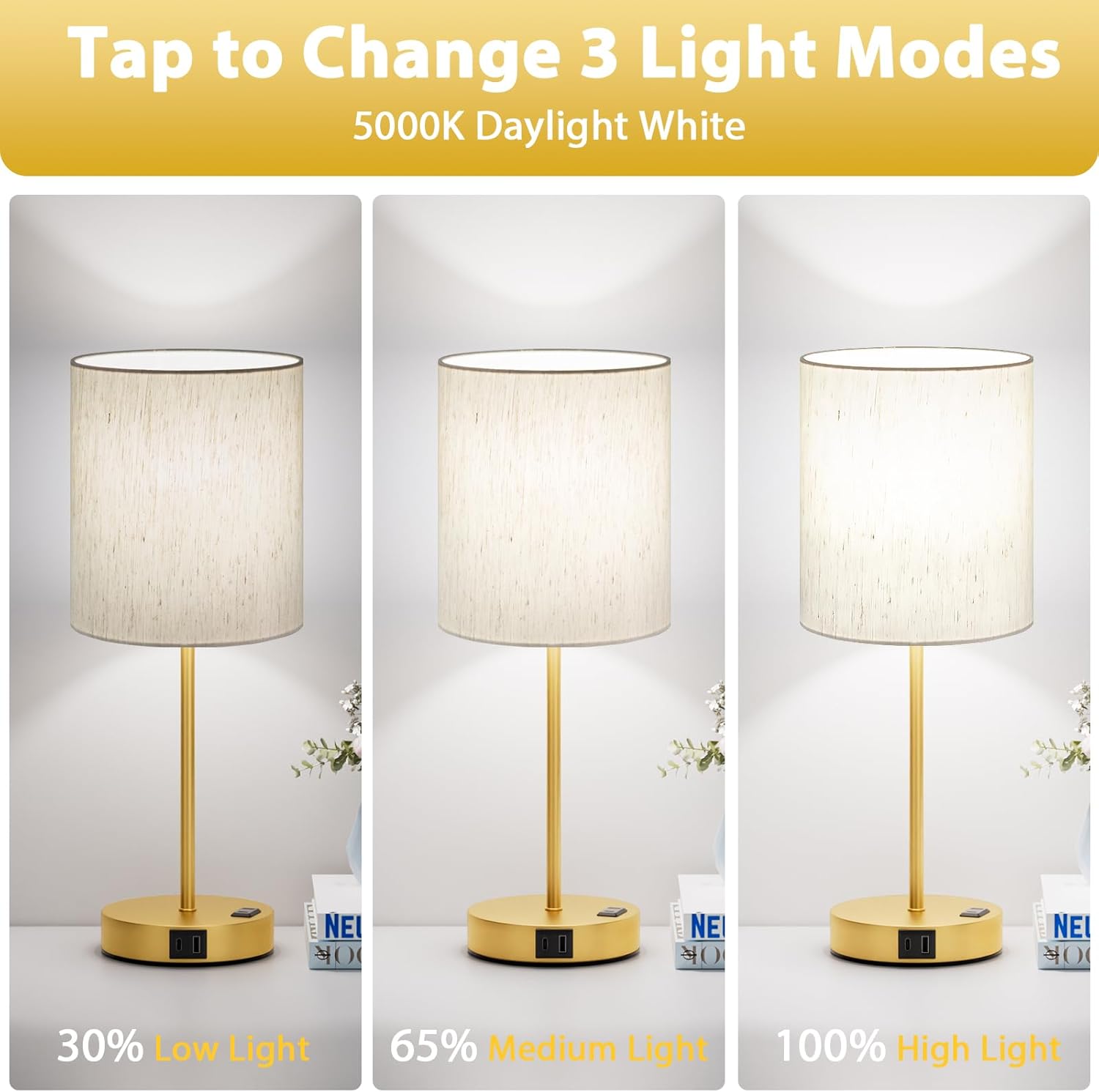Fenmzeelighting Gold Touch Lamps for Nightstand Set of 2 - Bedside Table Lamp for Bedroom with Dual USB Ports & AC Outlet, 3-Way Dimmable L…