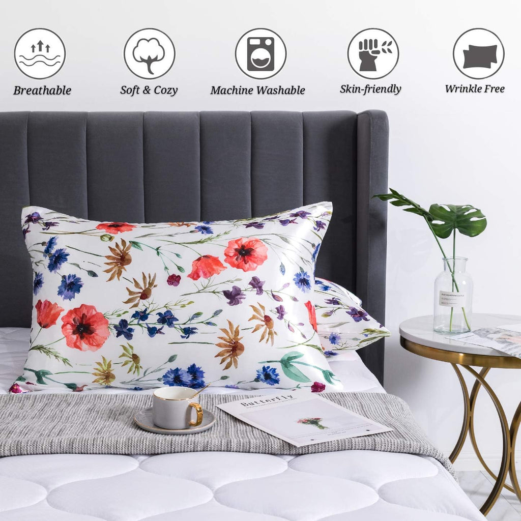 Lcbd Satin Pillowcase for Hair and Skin, Standard Size Printed Pillow Cases Set of 2, Silky Floral Print Pillow Covers with Envelope Closur…
