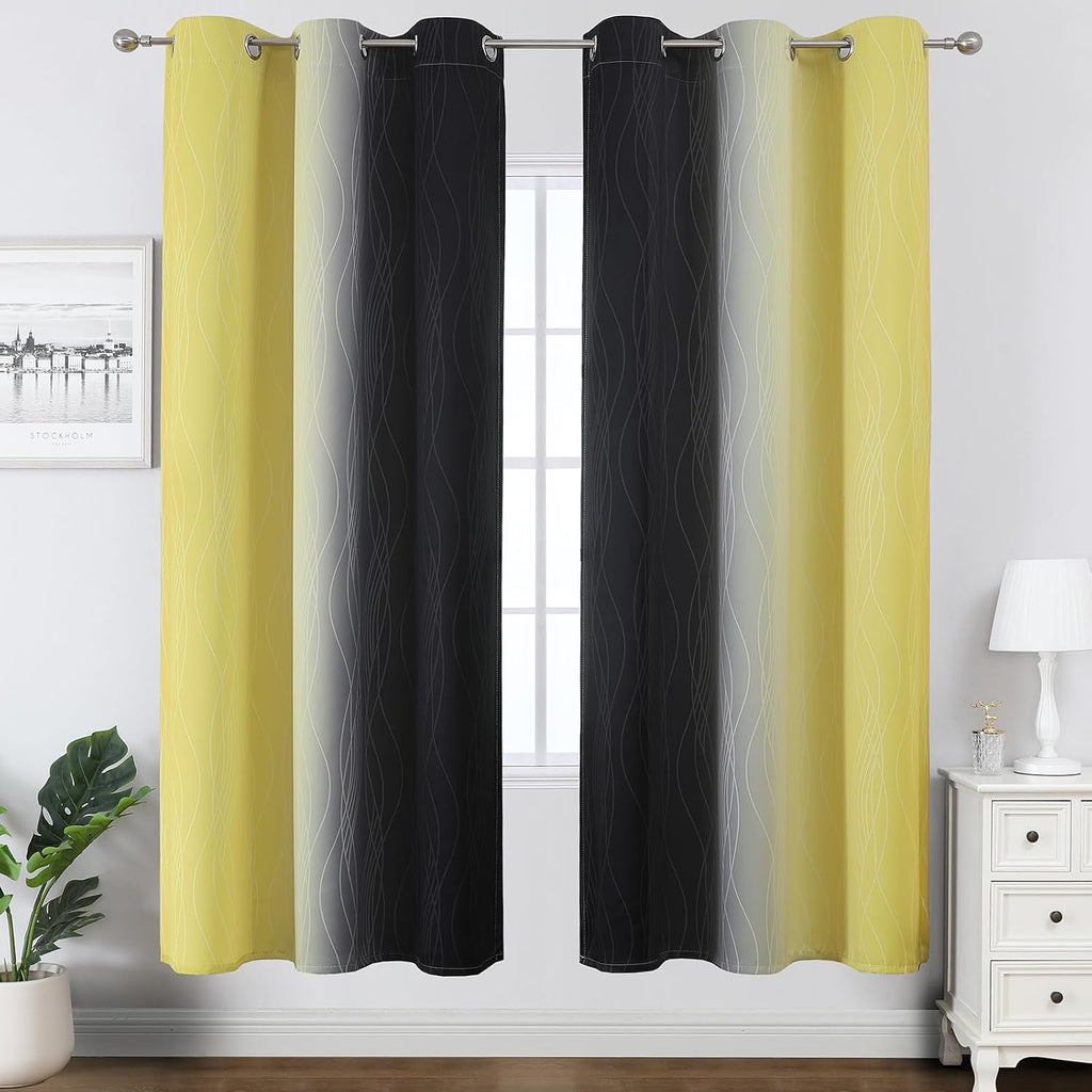 Estelartextiler Estelar Textiler Yellow and Black Ombre Blackout Curtains for Bedroom, Thermal Insulated Gradient Blackout Drapes, Full Roo…