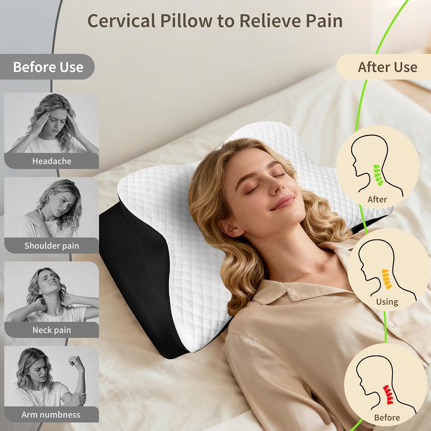 Roowana Cervical Neck Pillow for Neck Pain, Memory Foam Orthopedic Pillow with Contoured Design, Neck Support Pillows for Side, Back and St…