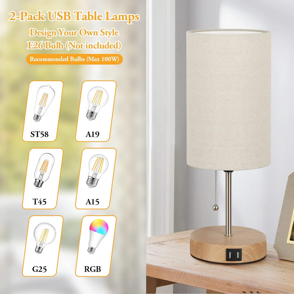 Lakumu Set of 2 Table Lamps with 2 USB Ports, Modern Bedside, Desk Lamps with Pull Chain, Nightstand Lamps with Cream Fabric Shade and…