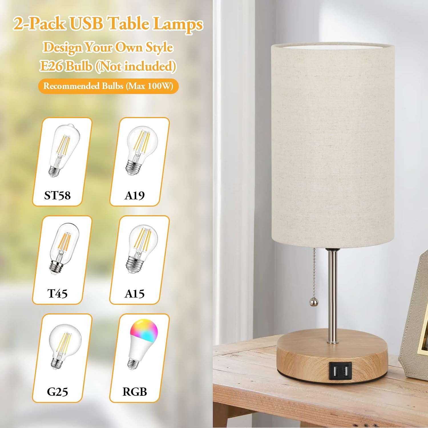 Lakumu Set of 2 Table Lamps with 2 USB Ports, Modern Bedside, Desk Lamps with Pull Chain, Nightstand Lamps with Cream Fabric Shade and…