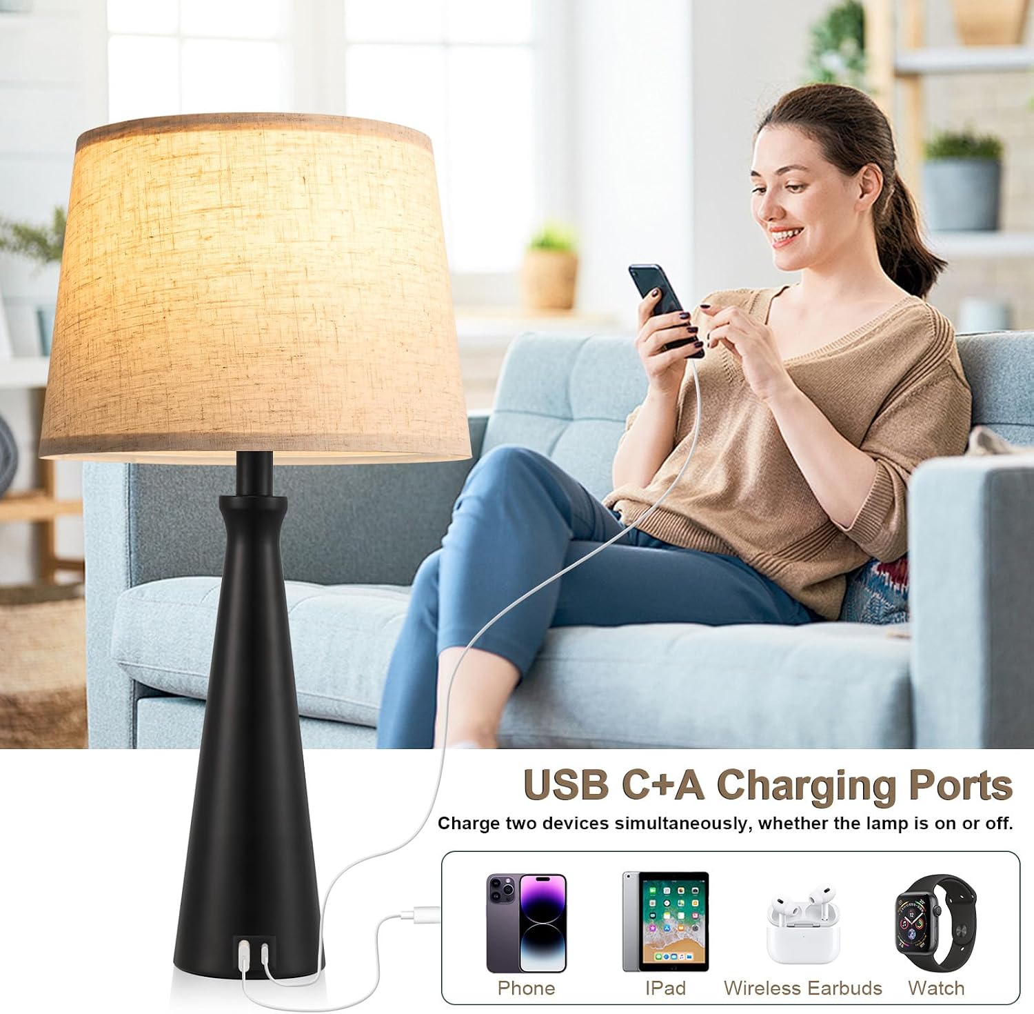 Seealle Modern Table Lamps Set of 2 - Touch Bedside Lamp for Nightstand with Dual USB C+A,3-Way Dimmable Nightstand Lamps for Living Room…