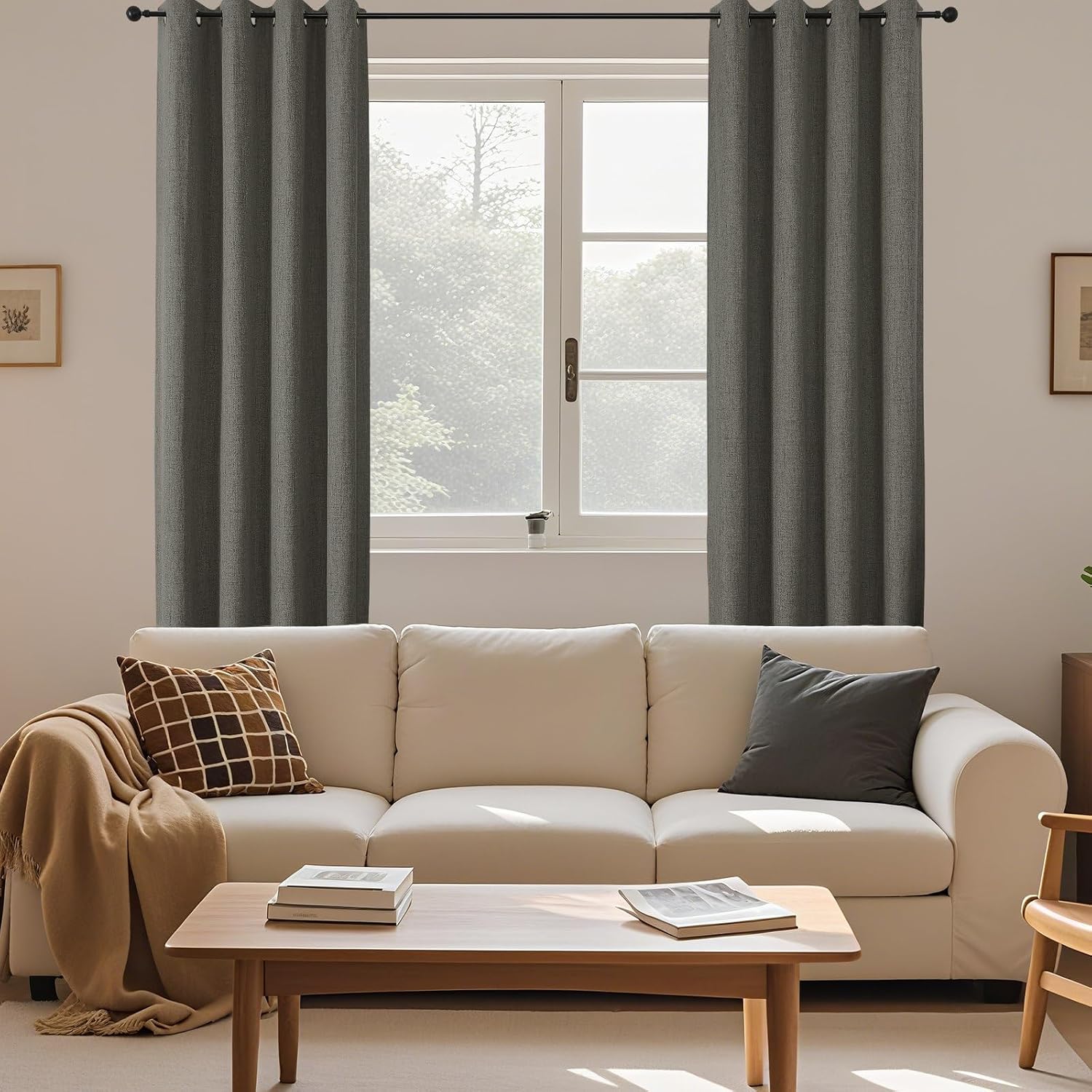 Cucraf 100% Blackout Curtains 84 inches Length 2 Panels Set, Room Darkening Linen Textured Curtain Grommet for Bedroom Living Room, Light B…