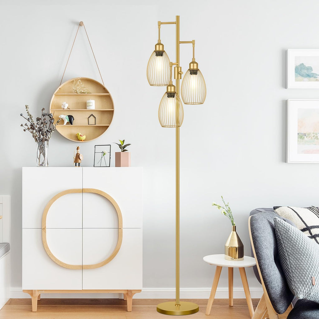 Dimmable Floor Lamp, 3 x 800LM LED Edison Bulbs Included, Farmhouse Industrial Floor Lamp Standing Tree Lamp with Elegant Teardrop Cage…