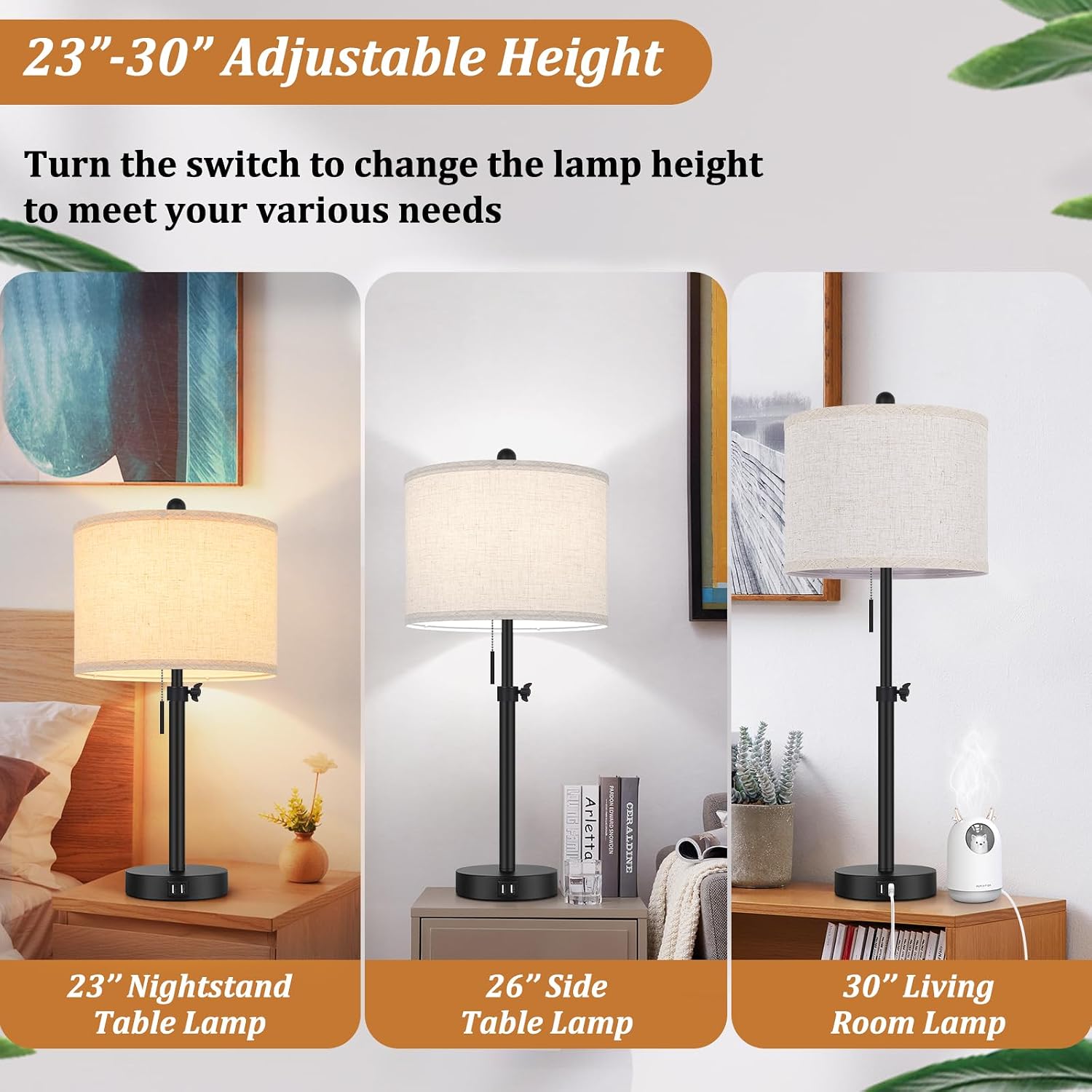 Adjustable Table Lamps for Bedroom Set of 2, 23''-30'' Height Adjusted Bedside Lamps with 2 USB Ports, Black Nightstand Lamps with Cream…
