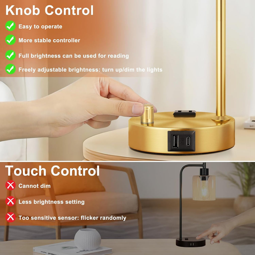 Innqoo Industrial Table Lamps for Bedroom Set of 2 - Fully Dimmable Bedside Lamps with USB Ports and Outlet, Gold Nightstand Lamps with…