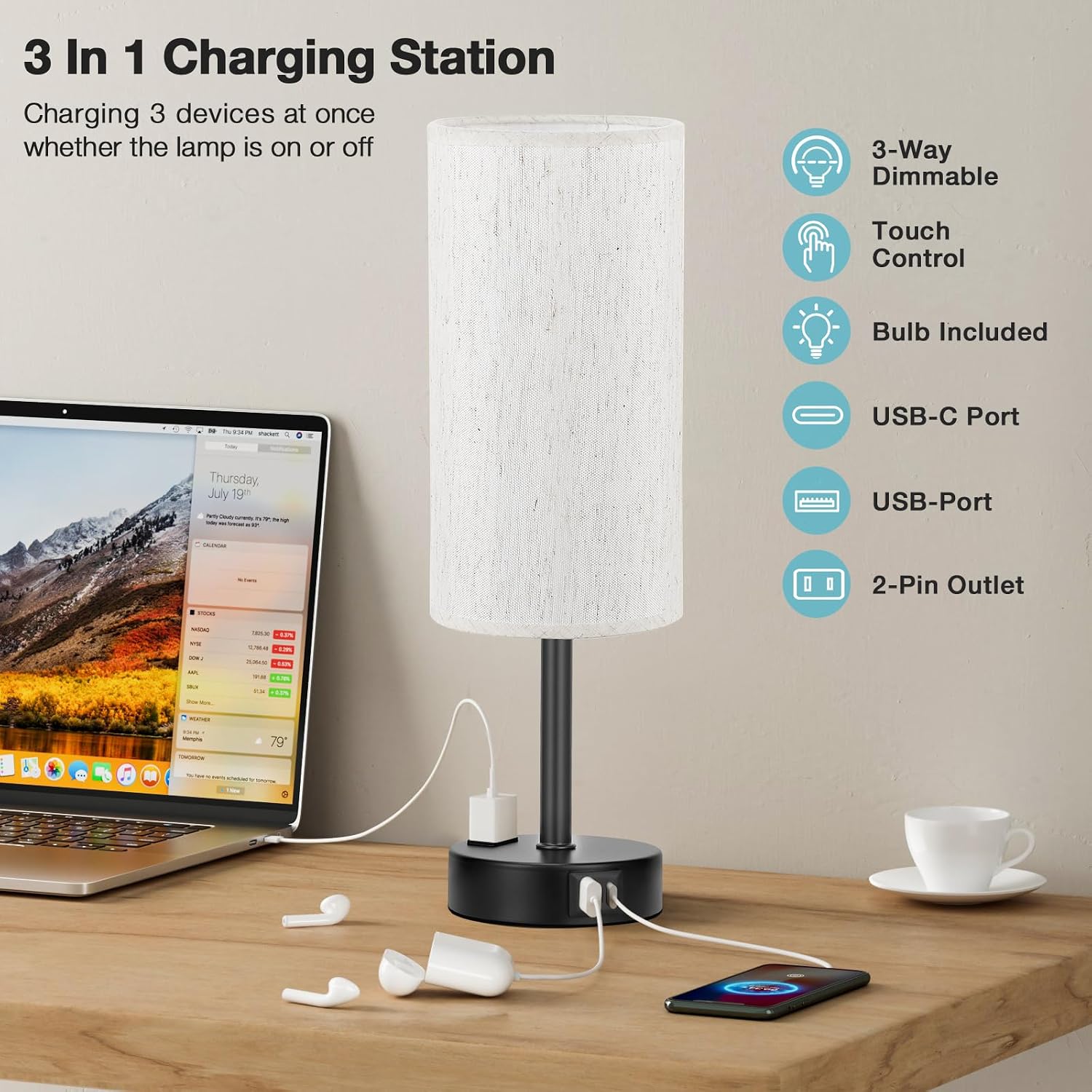 Light Beige Table Lamp for Nightstand - 3 Way Dimmable Bedside Lamp for Bedroom with USB C A Charging Ports and AC Outlet, Small Desk…