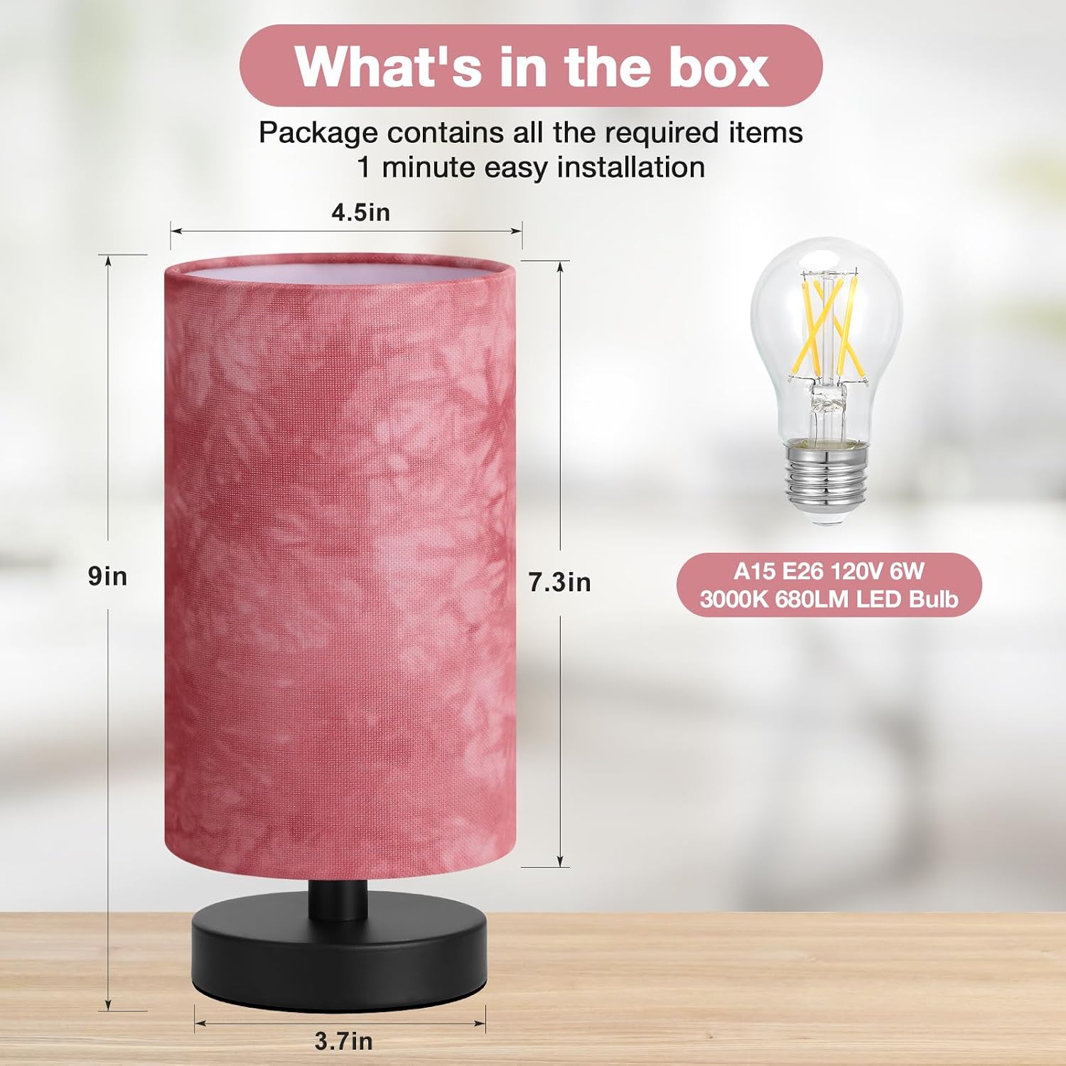 Fenmzee Small Table Lamp for Bedroom - Inline Control, Bedside Lamp with 3000K A15 LED Blub, Easy Assembly (Pink Shade - Black Base, 9"…
