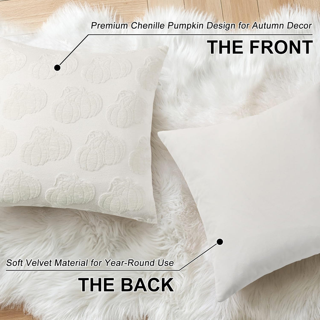decorUhome Decorative Two Cream White Pumpkins Thanksgiving Throw Pillow Covers 18x18 Set of 2, Soft Chenille Jacquard Farmhouse Textured…